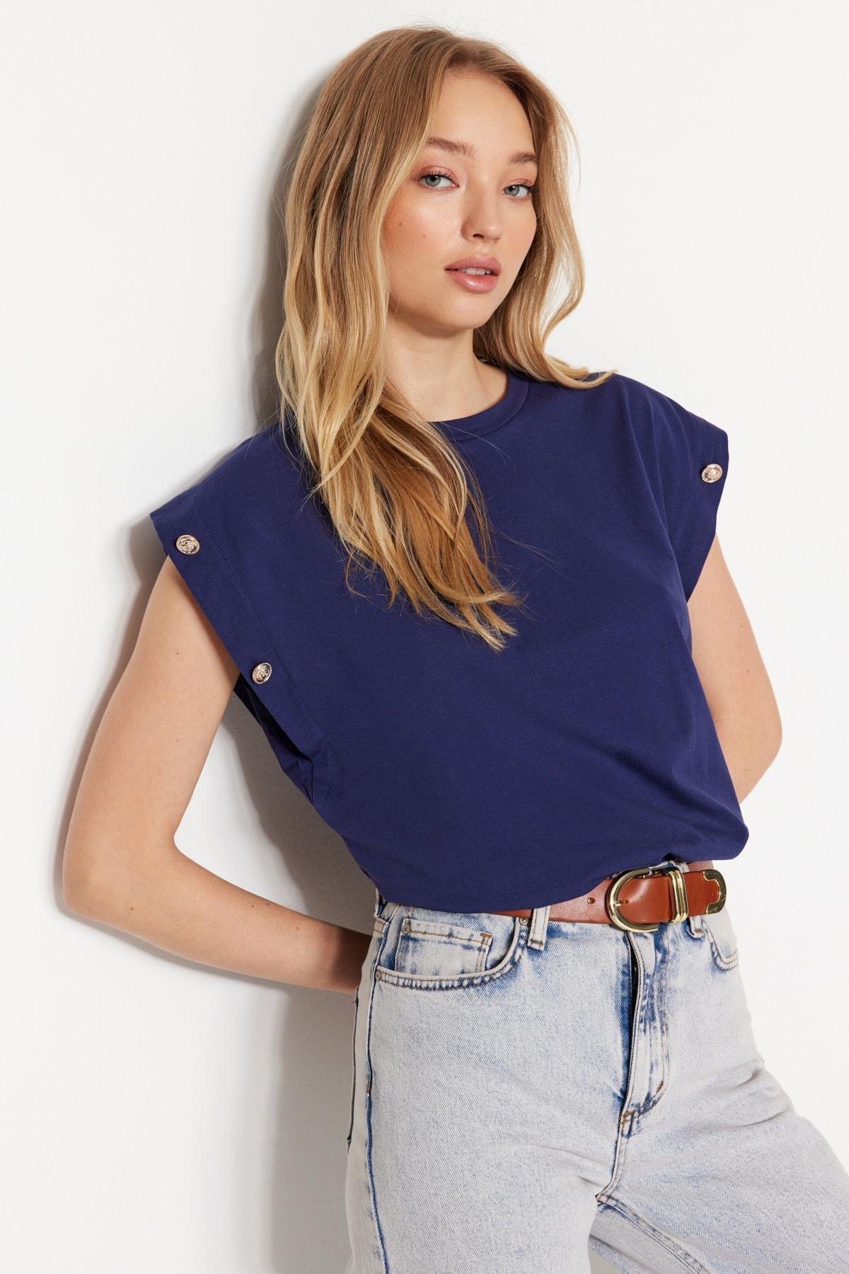 Navy Short Buttoned Sleeve Tshirt, , large image number 0