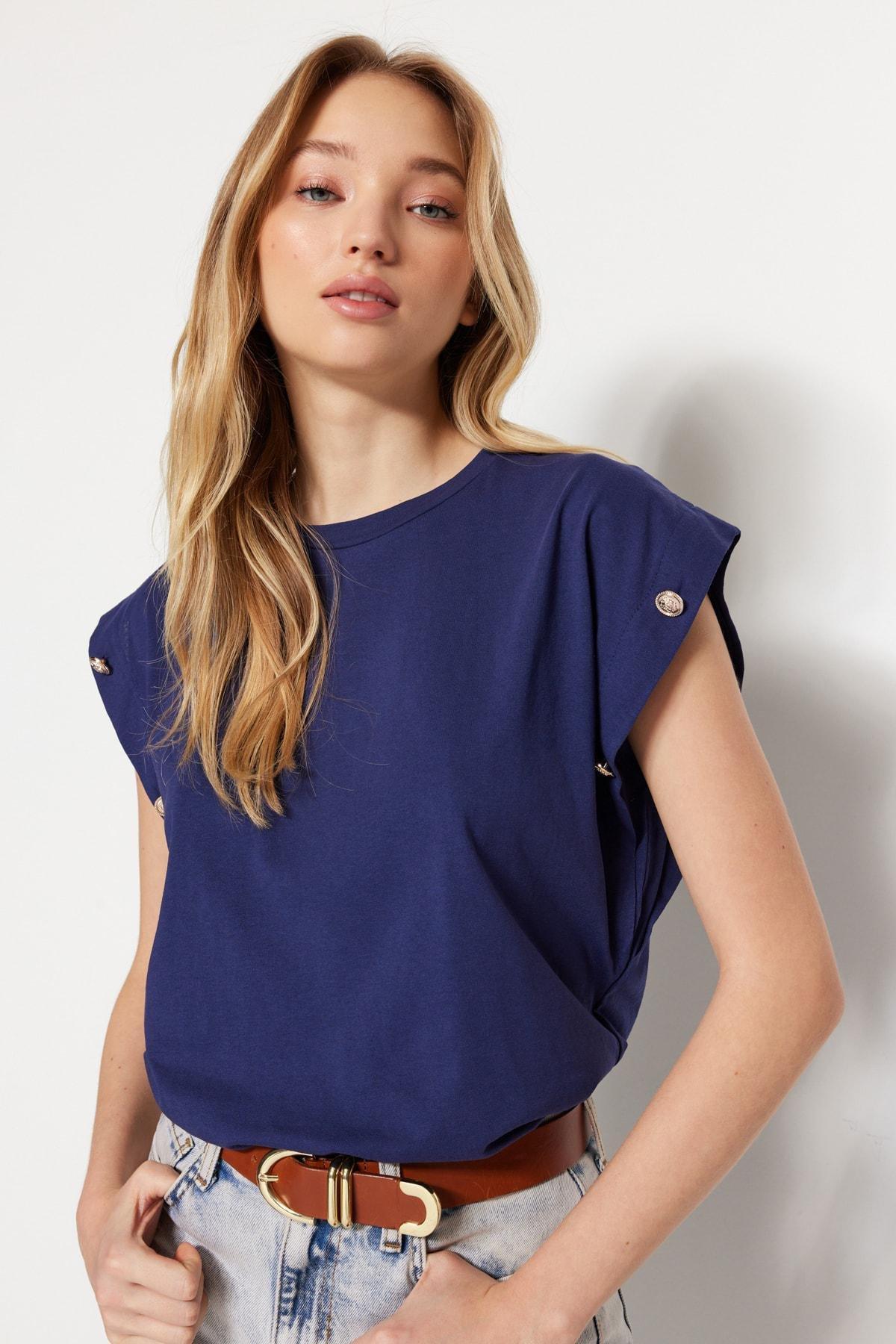 Navy Short Buttoned Sleeve Tshirt, , large image number 5