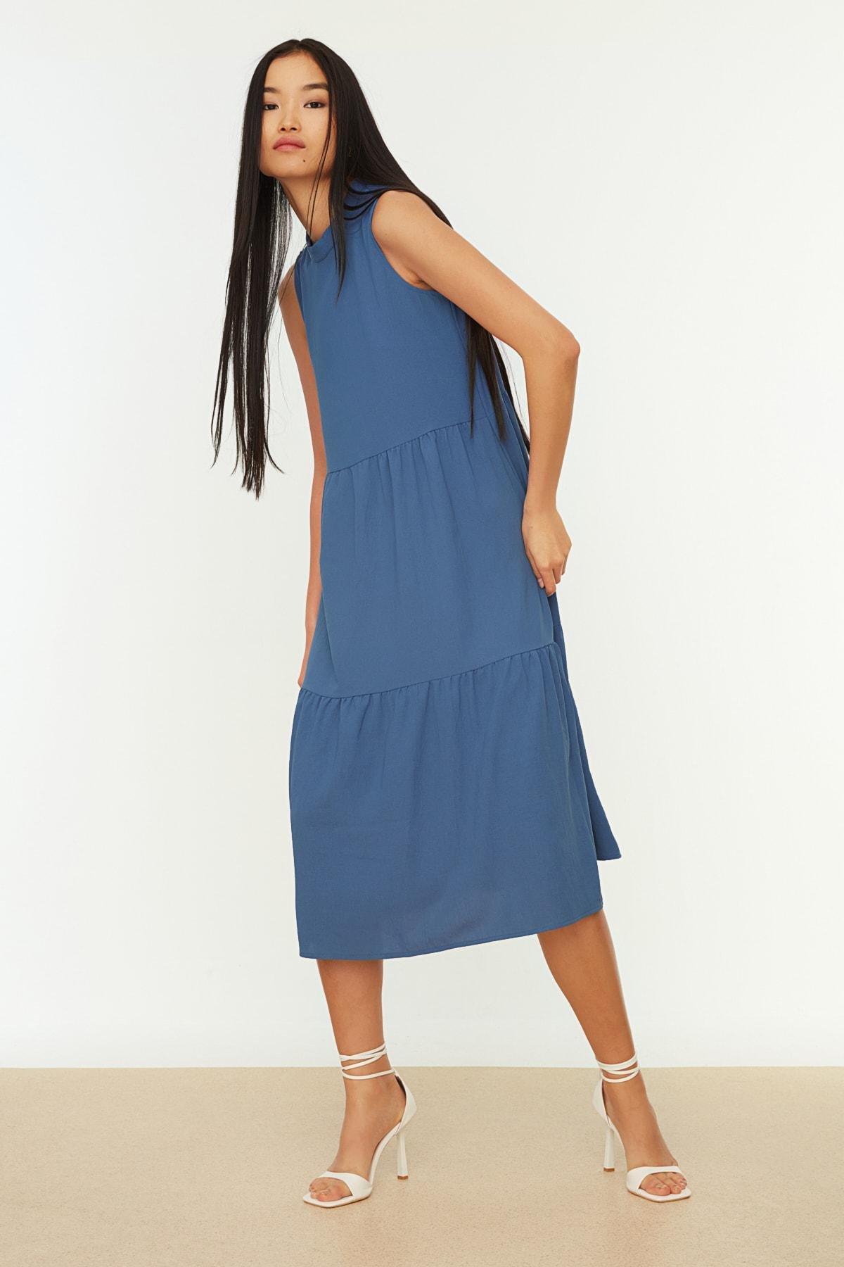 Blue Crew Neck Shift Dress, Blue, large image number 0