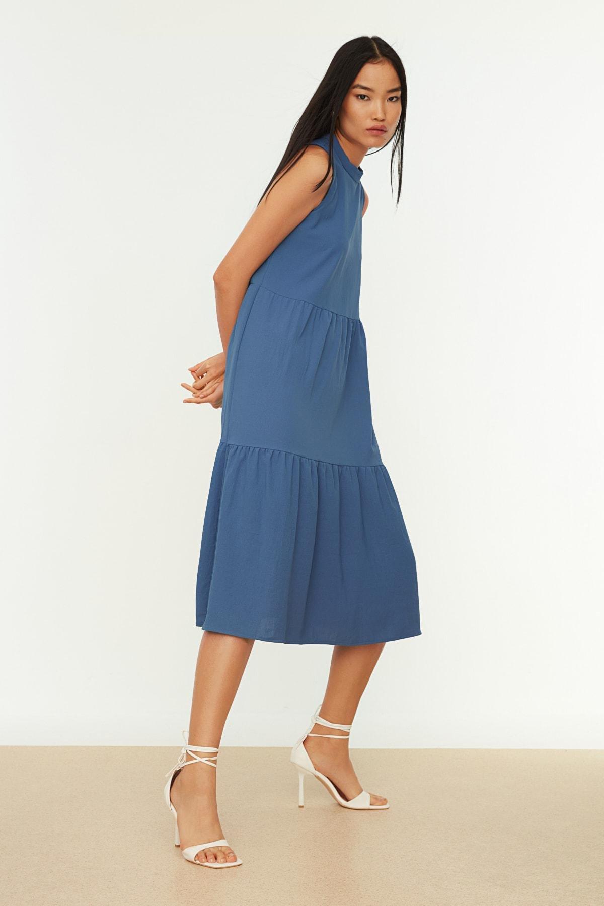 Blue Crew Neck Shift Dress, Blue, large image number 3