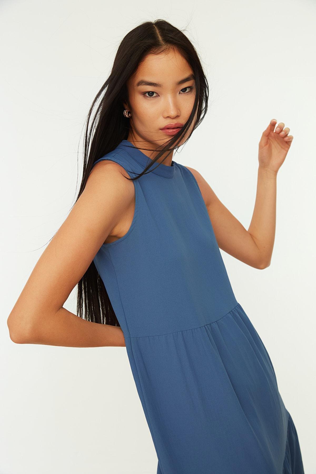 Blue Crew Neck Shift Dress, Blue, large image number 5