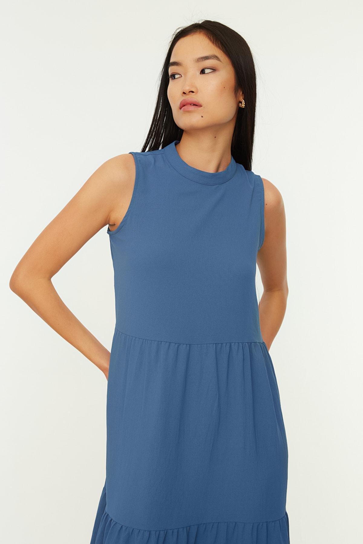 Blue Crew Neck Shift Dress, Blue, large image number 7