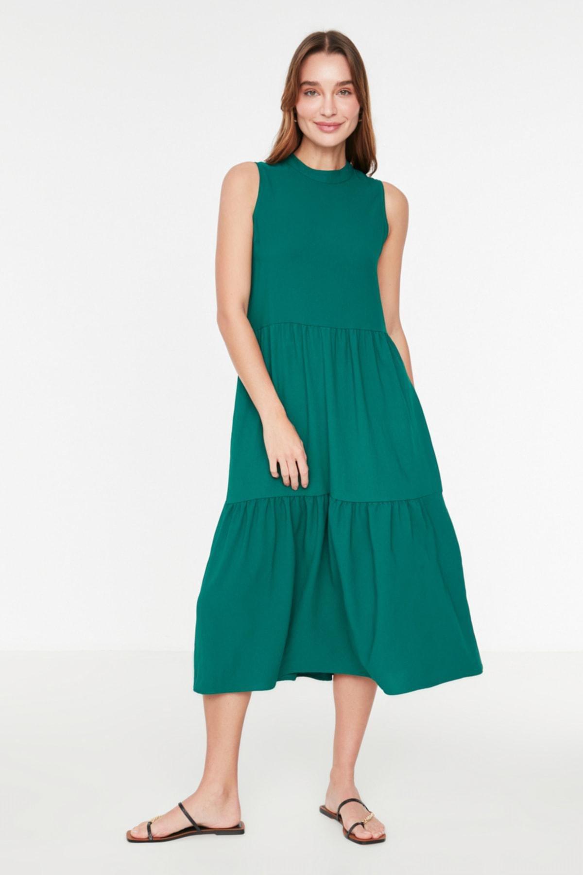 Green Woven Midi Dress, , large image number 1