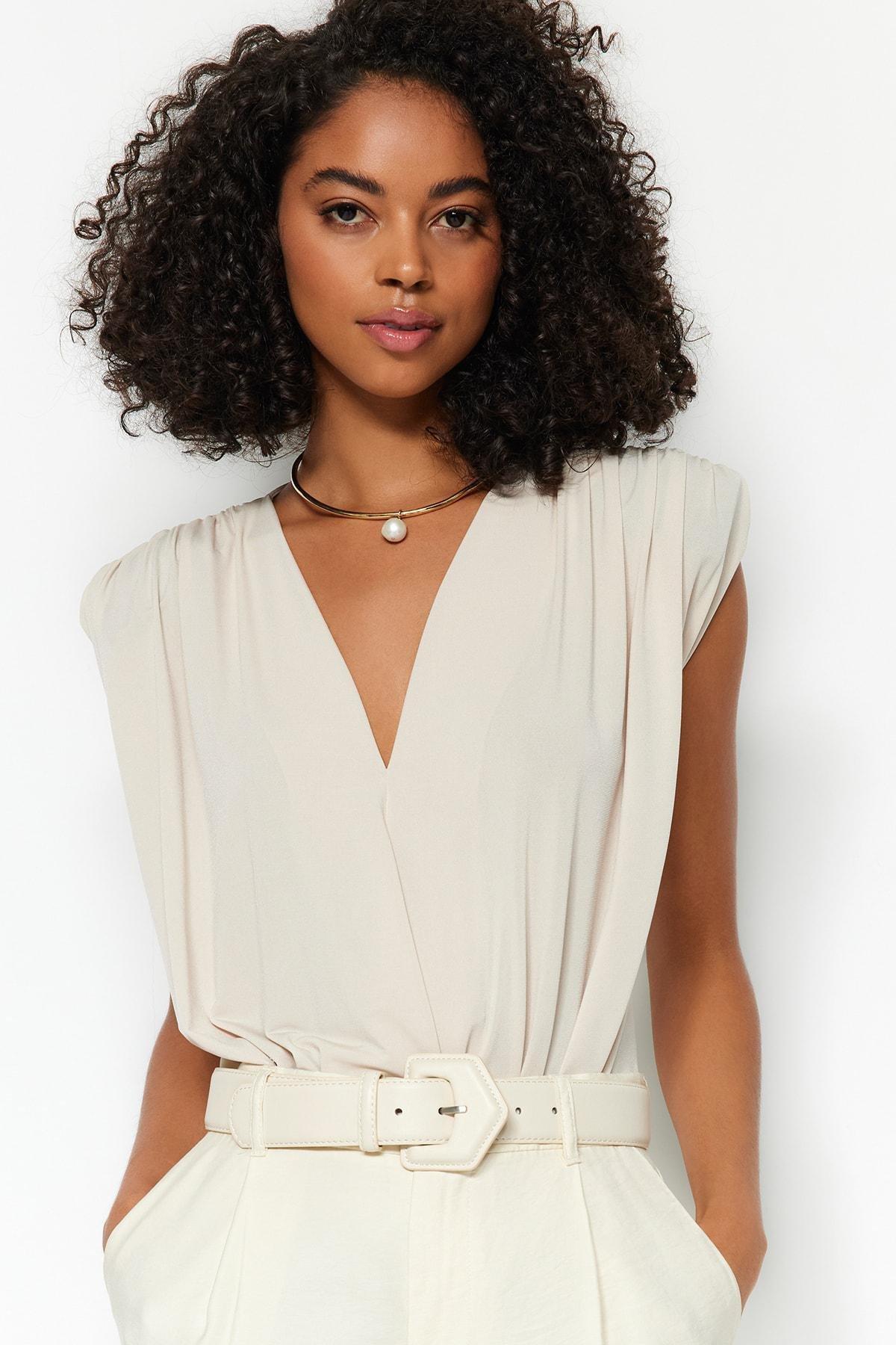 Beige Double Breasted Bodysuit, , large image number 0