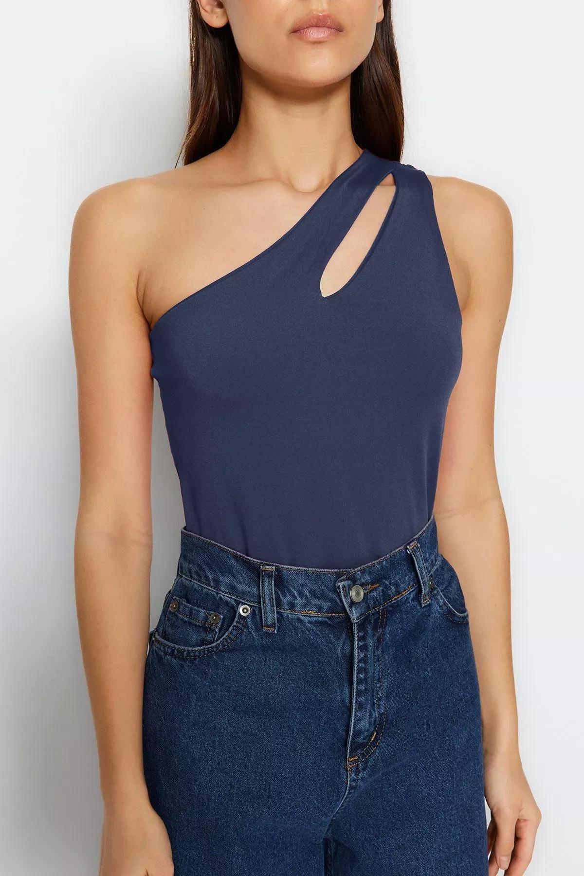 Blue Asymmetrical Cut Out Snap Bodysuit, , large image number 3