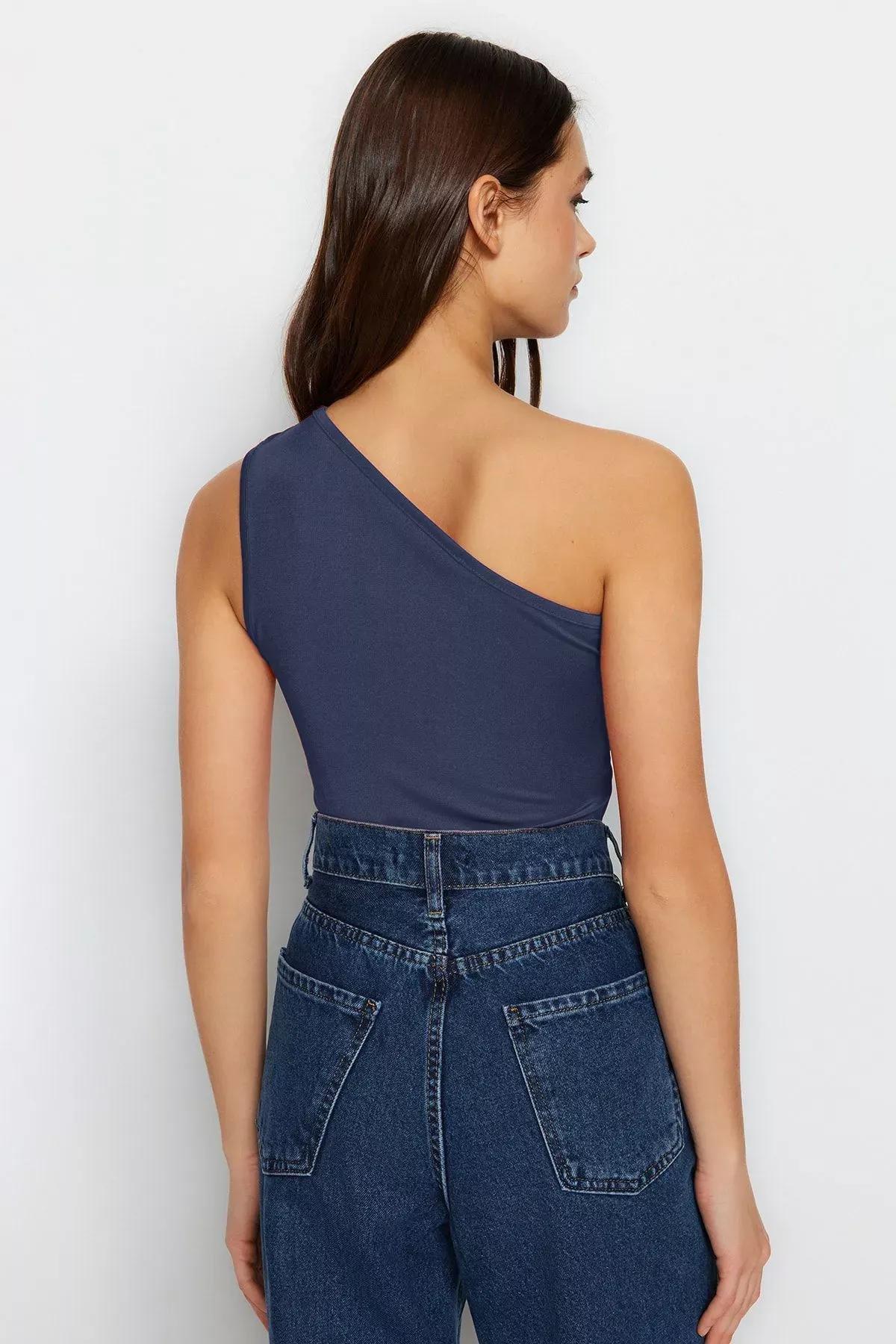 Blue Asymmetrical Cut Out Snap Bodysuit, , large image number 4