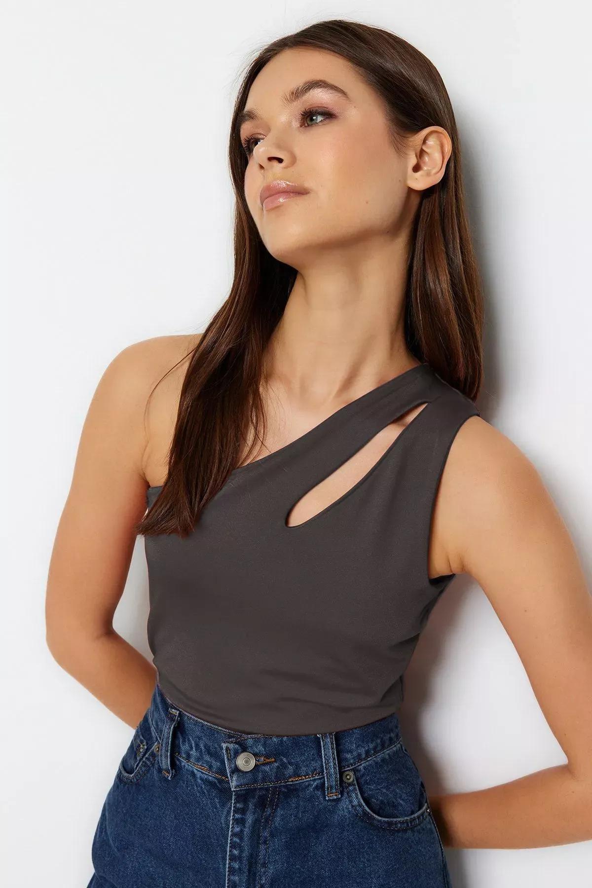 Grey Asymmetrical Cut Out Snap Bodysuit, , large image number 1