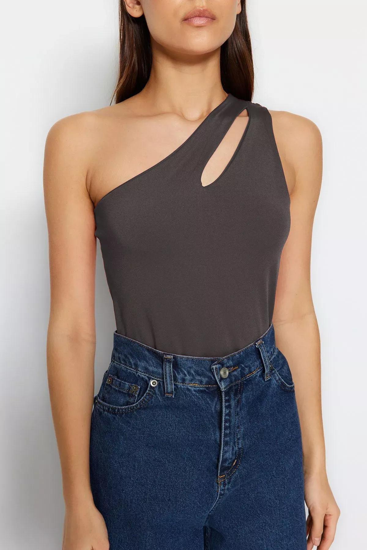 Grey Asymmetrical Cut Out Snap Bodysuit, , large image number 3