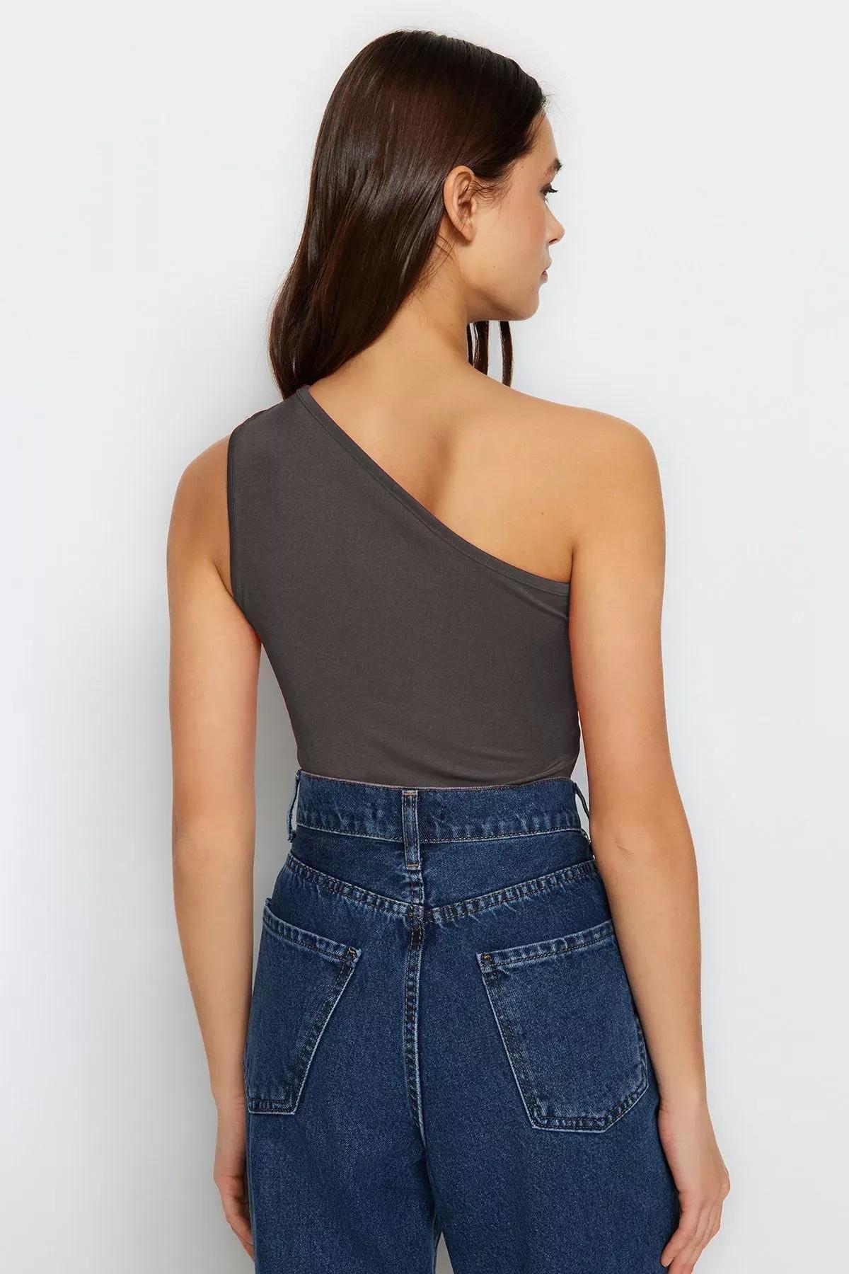 Grey Asymmetrical Cut Out Snap Bodysuit, , large image number 4