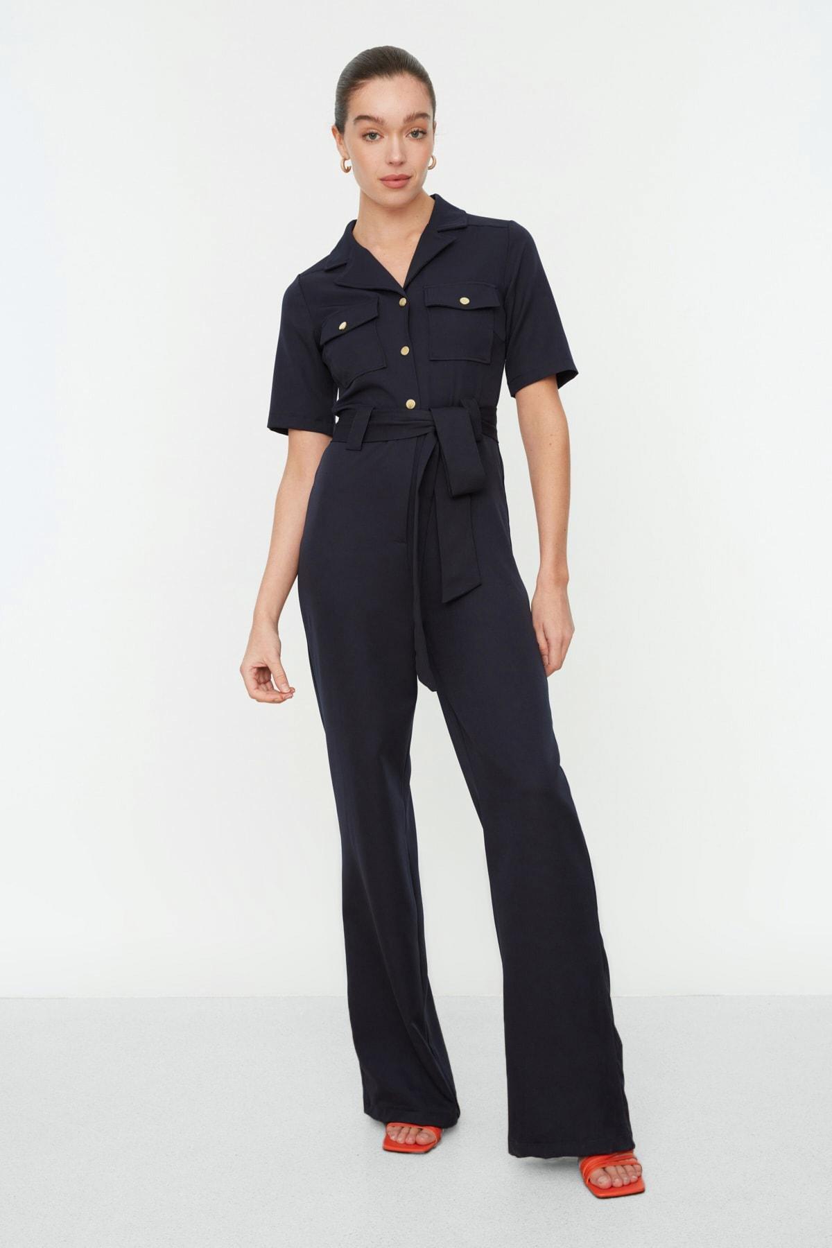 Navy Belted Buttoned Jumpsuit, , large image number 0