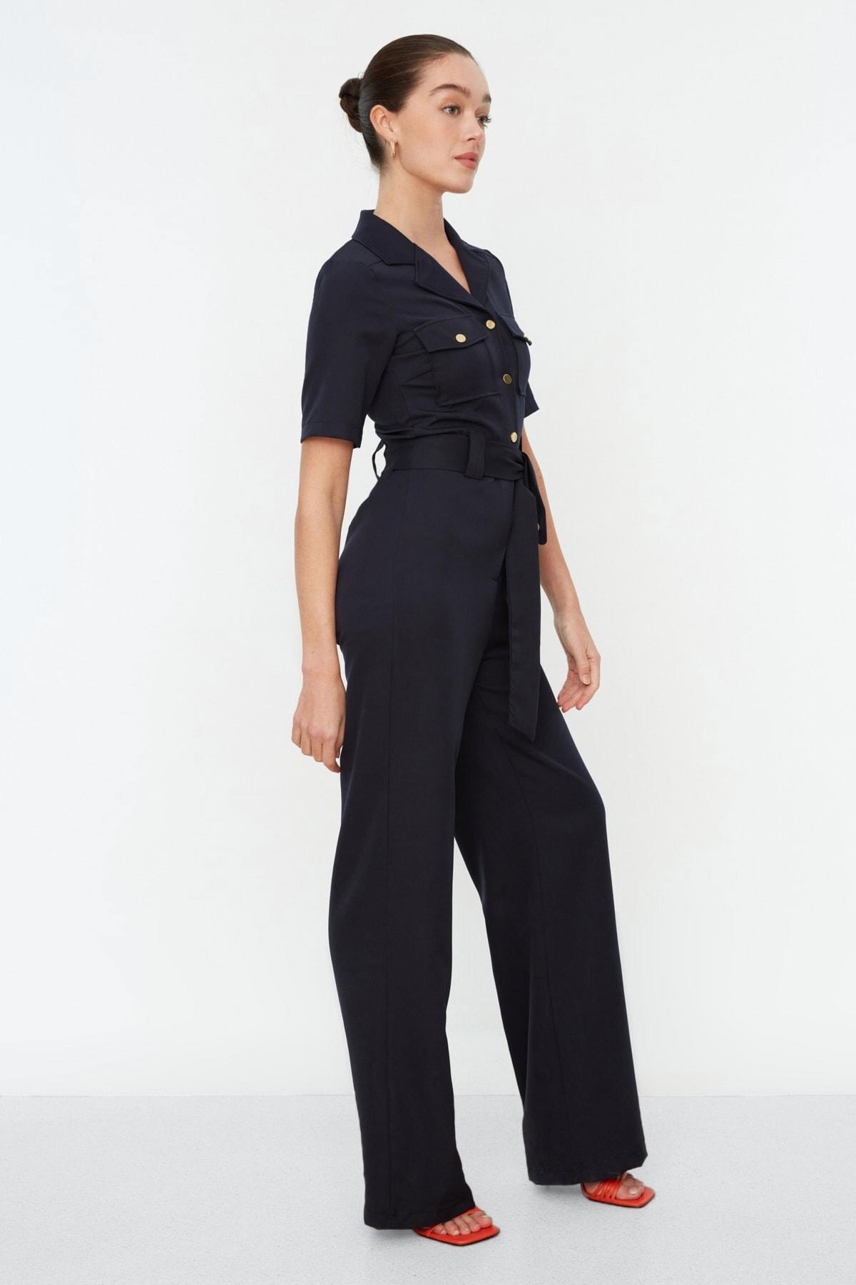 Navy Belted Buttoned Jumpsuit, , large image number 1