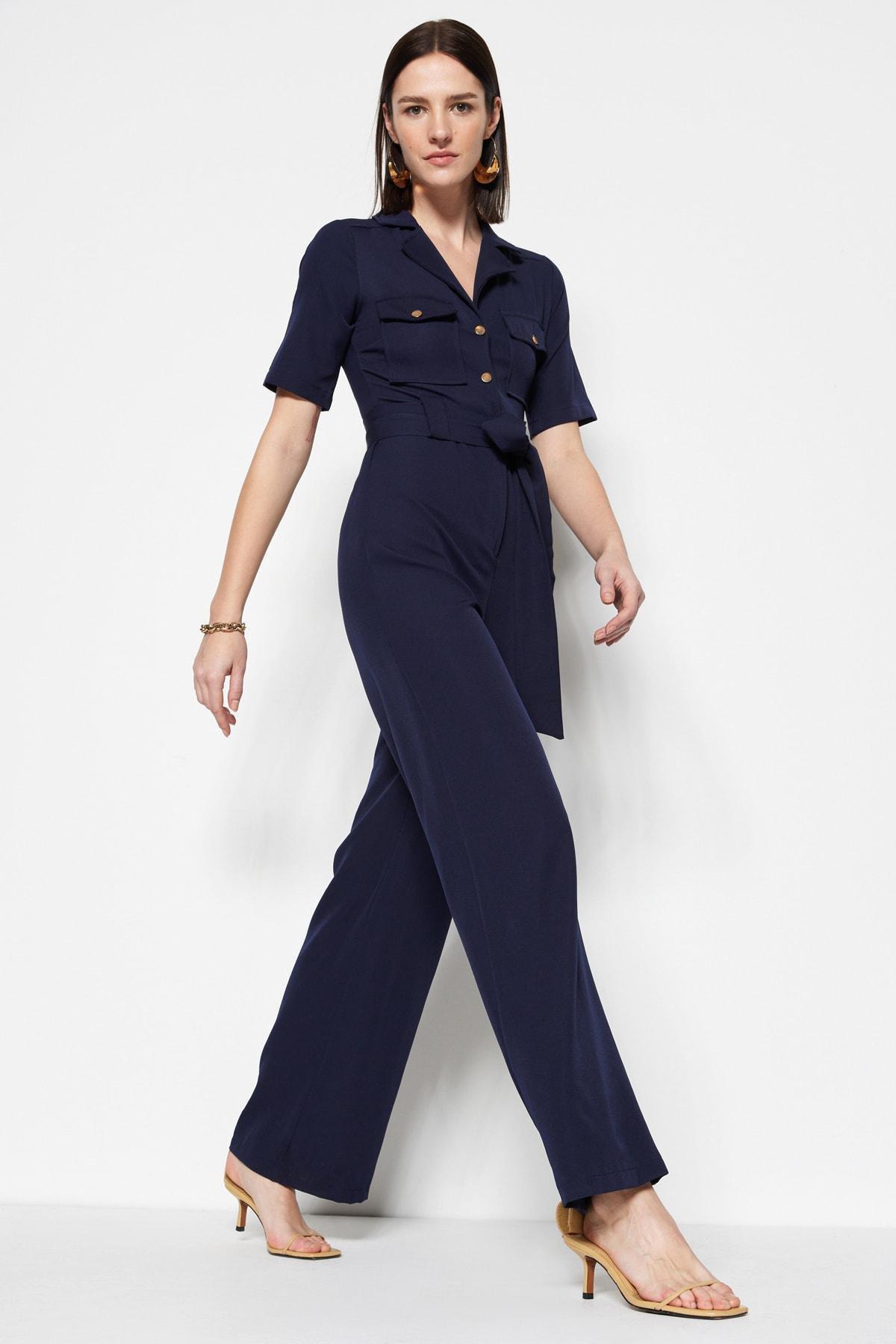 Navy Belted Buttoned Jumpsuit, , large image number 2