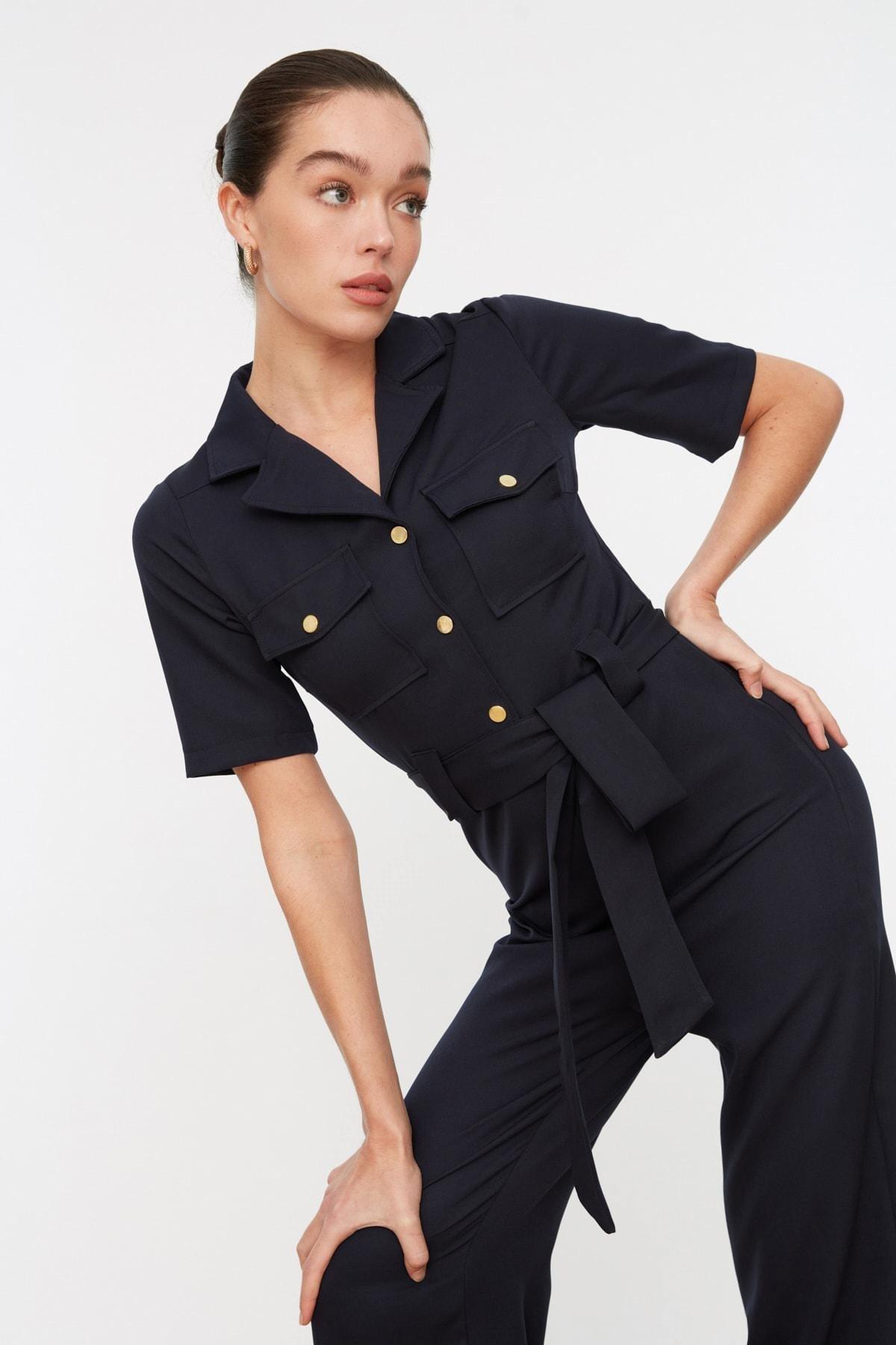 Navy Belted Buttoned Jumpsuit, , large image number 3