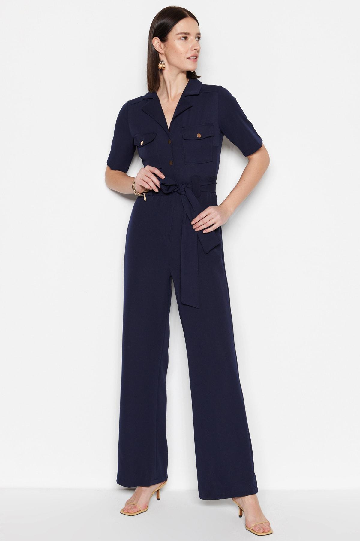 Navy Belted Buttoned Jumpsuit, , large image number 4