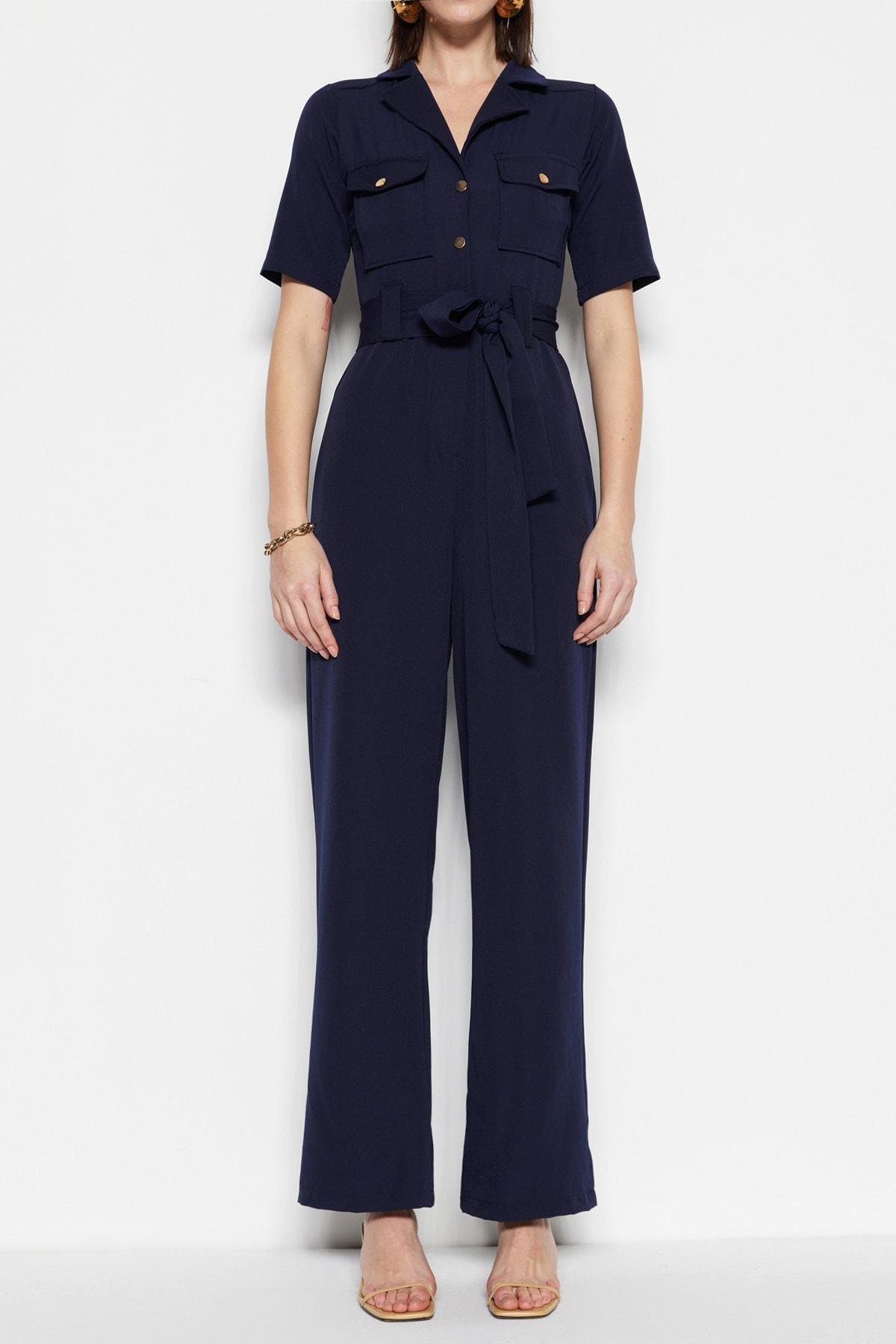 Navy Belted Buttoned Jumpsuit, , large image number 6