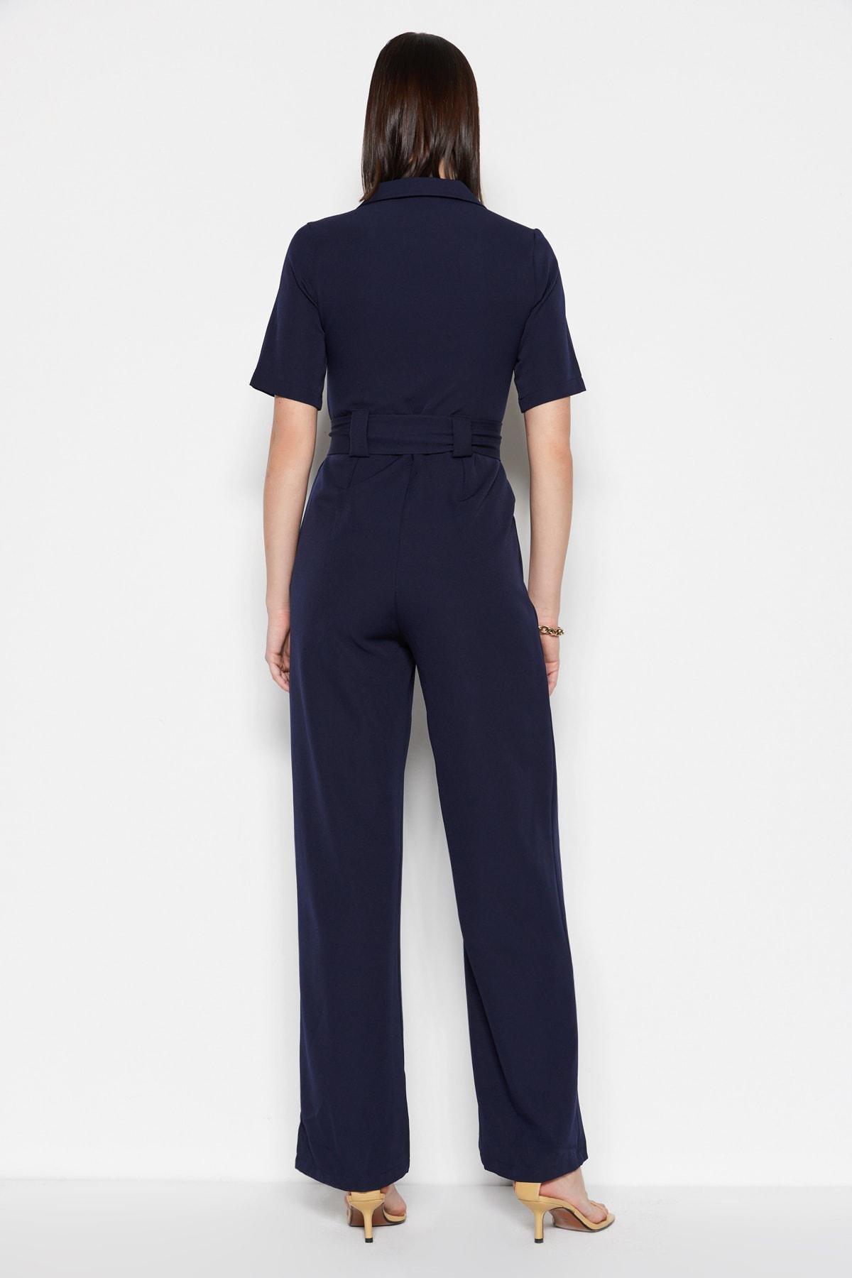 Navy Belted Buttoned Jumpsuit, , large image number 9
