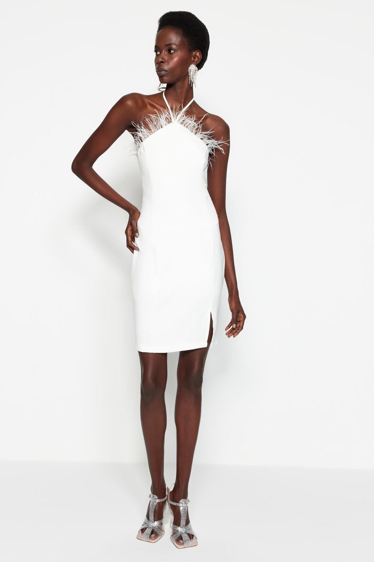 White Haltered Feather Collar Dress, , large image number 0