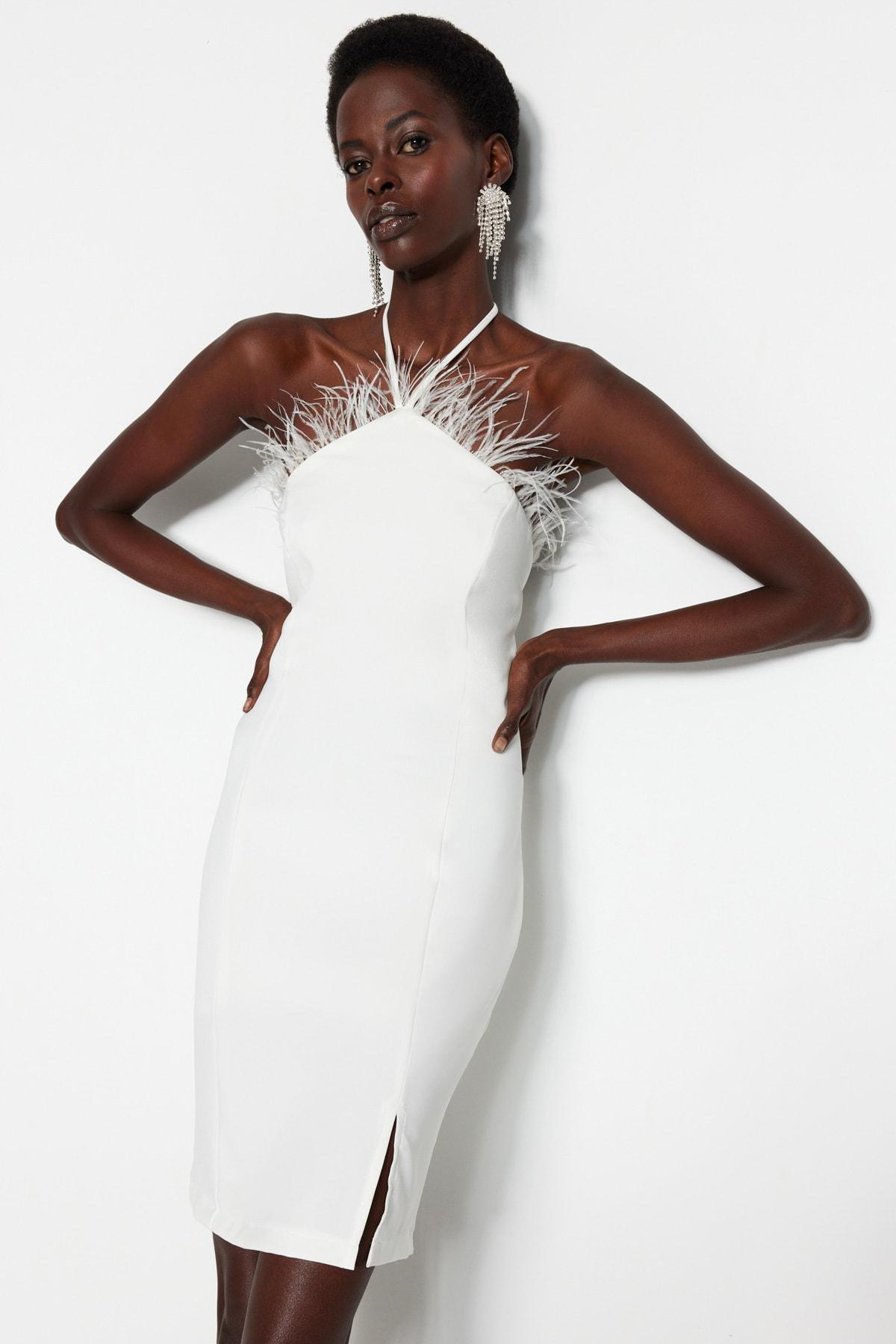 White Haltered Feather Collar Dress, , large image number 1