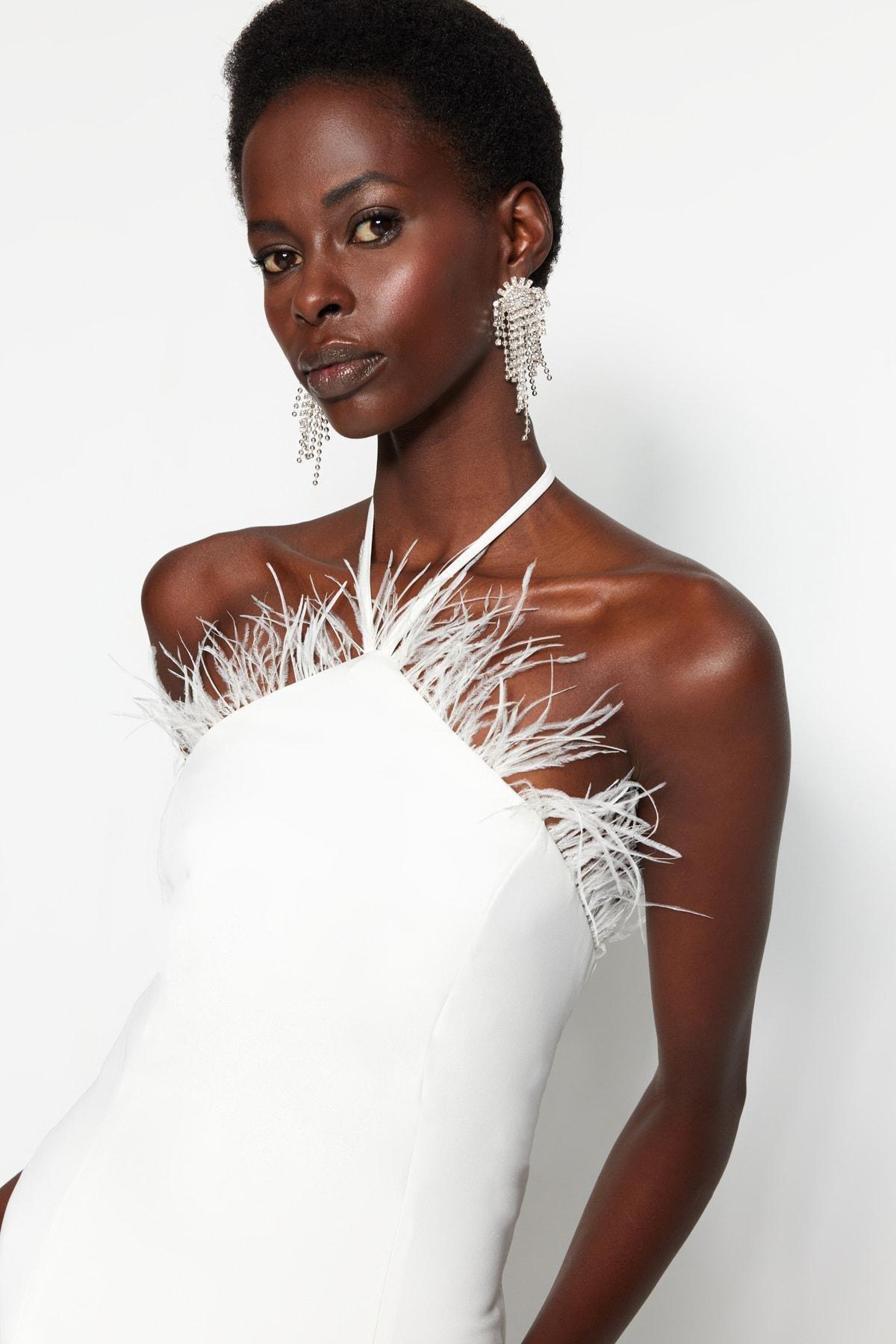 White Haltered Feather Collar Dress, , large image number 2