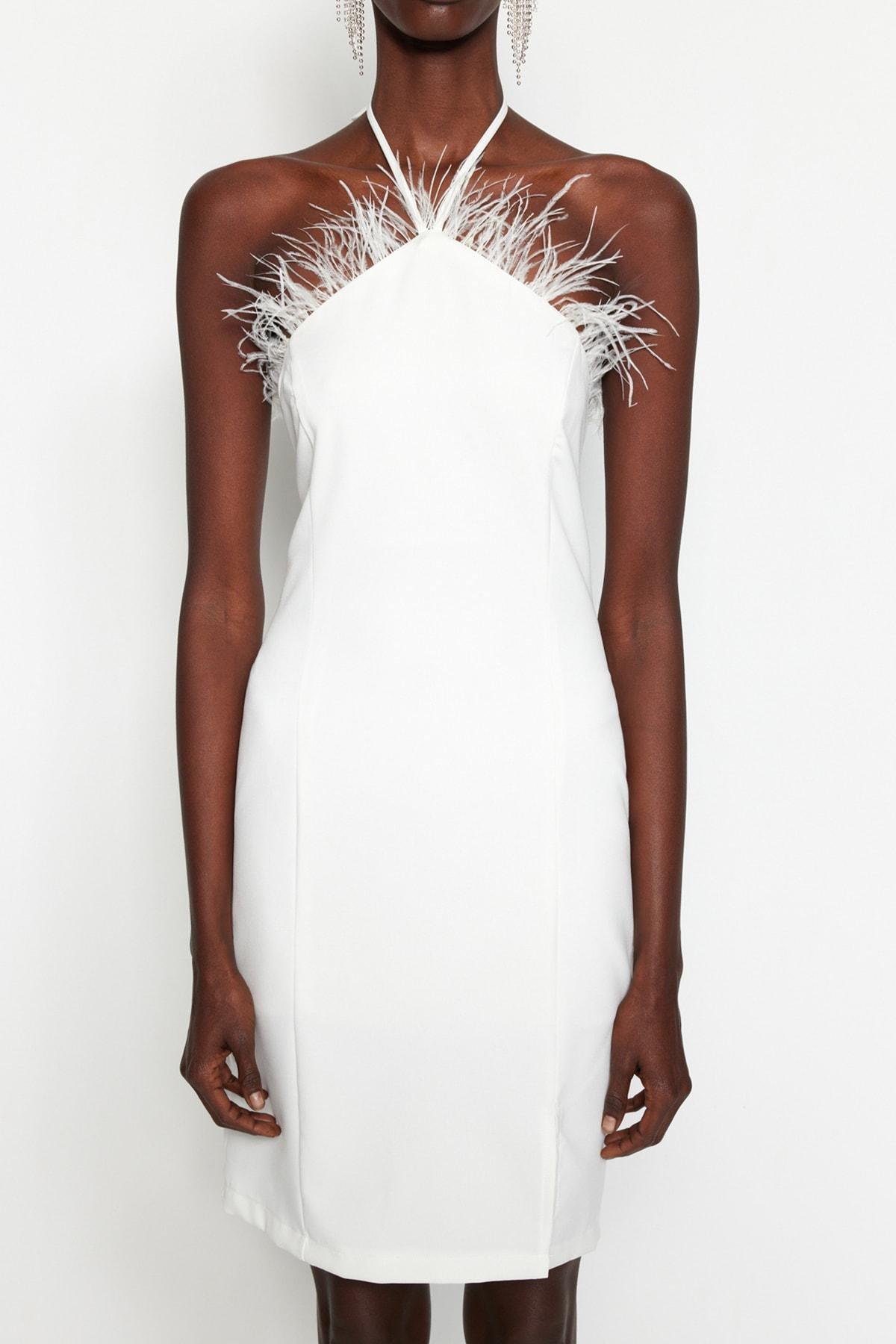 White Haltered Feather Collar Dress, , large image number 3