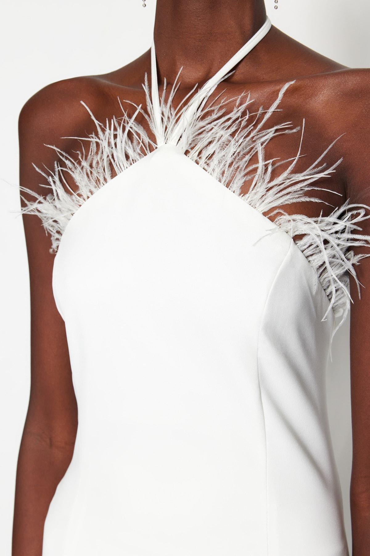 White Haltered Feather Collar Dress, , large image number 4