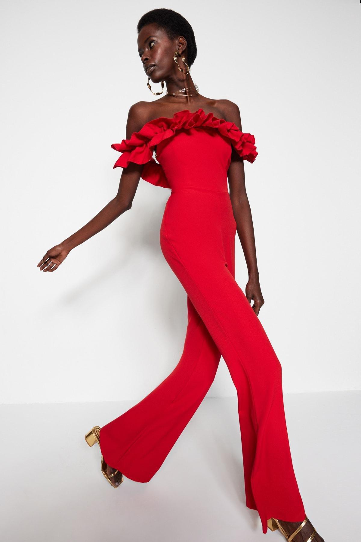 Red Off-The-Shoulders Ruffles Jumpsuit, , large image number 0