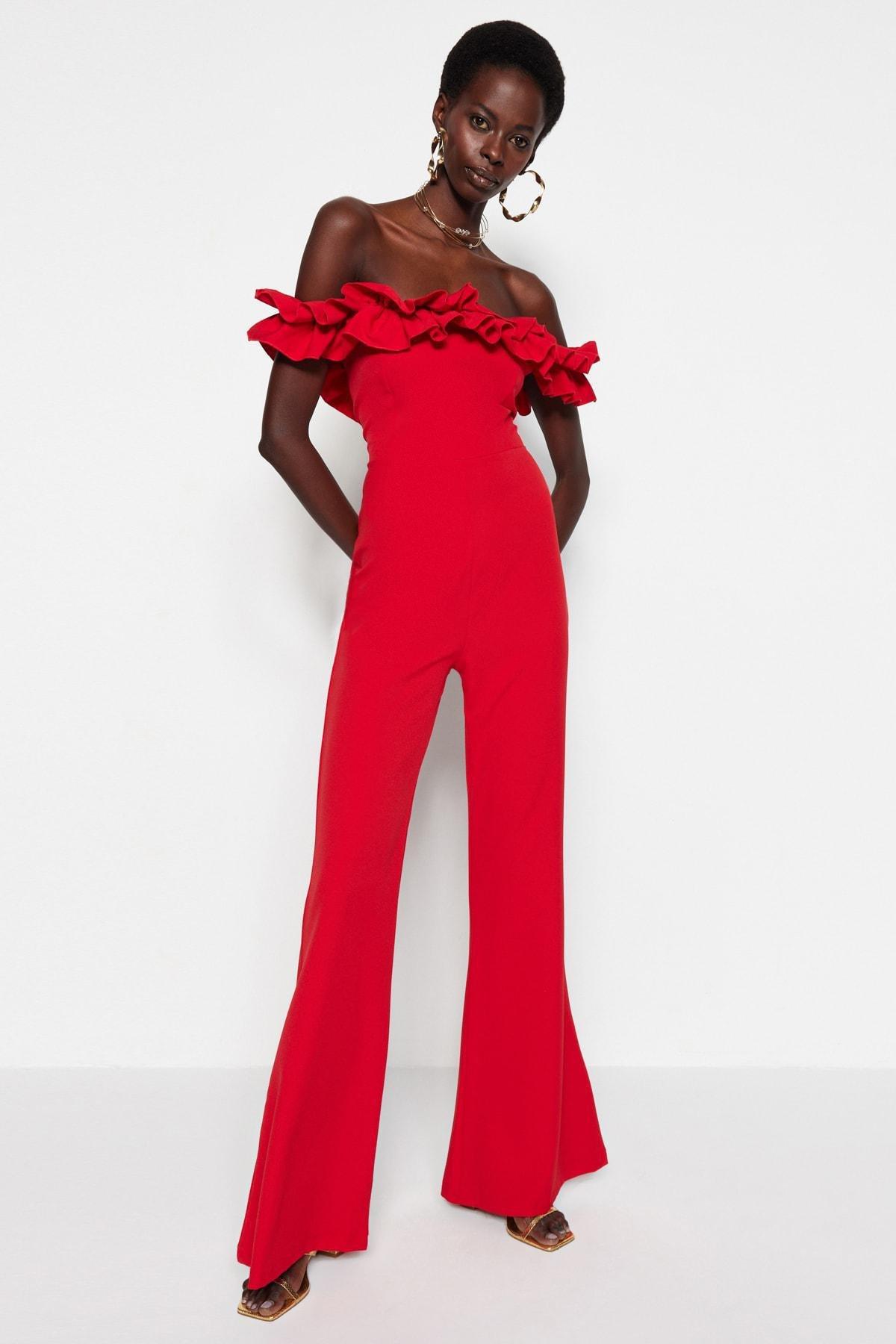 Red Off-The-Shoulders Ruffles Jumpsuit, , large image number 1