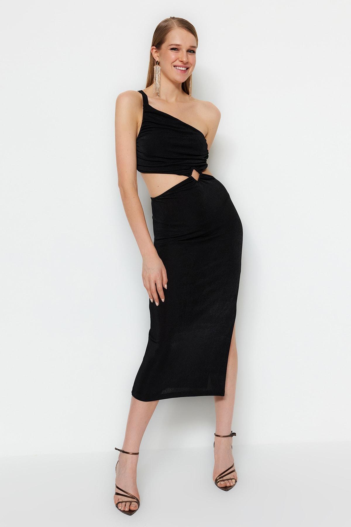 Black Asymmetrical Collar Shift Dress, Black, large image number 3