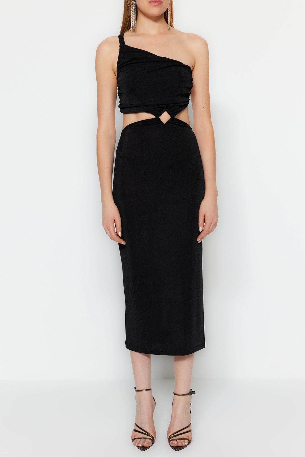 Black Asymmetrical Collar Shift Dress, Black, large image number 4