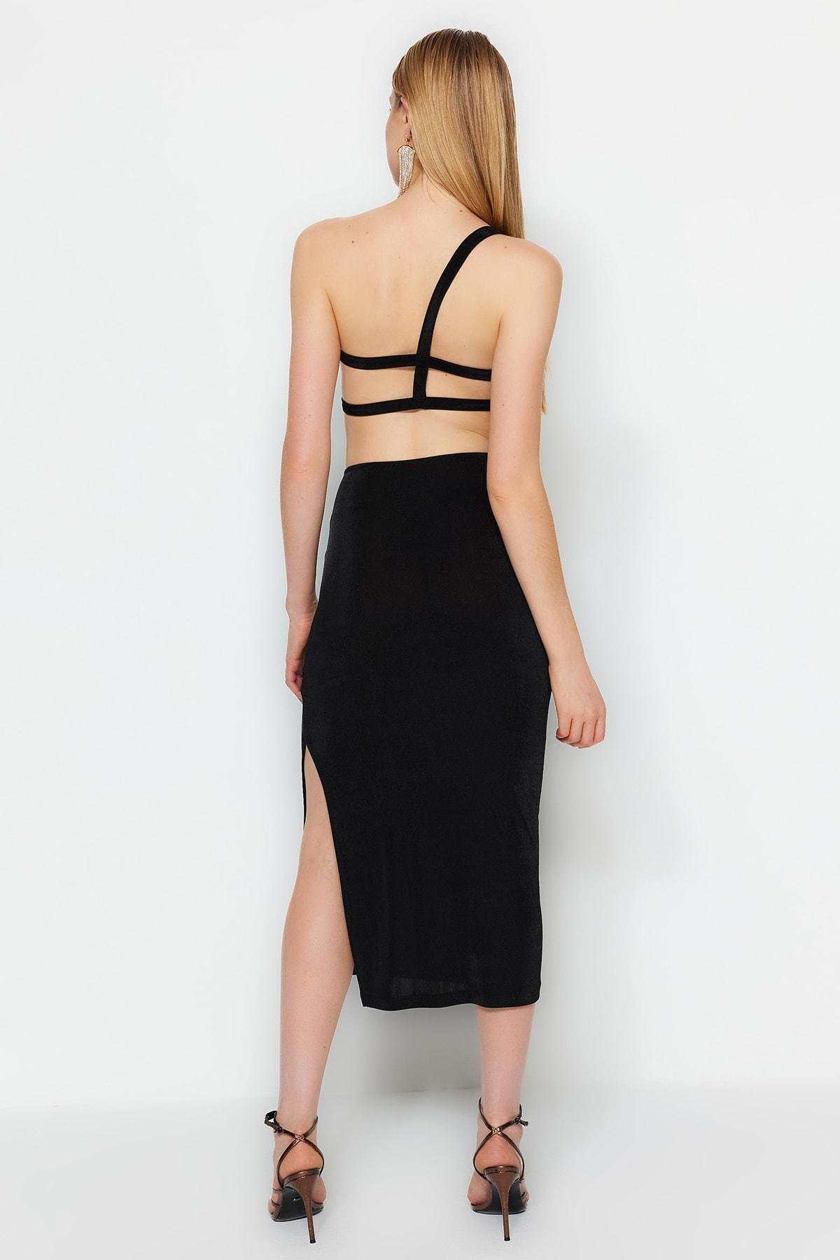 Black Asymmetrical Collar Shift Dress, Black, large image number 5