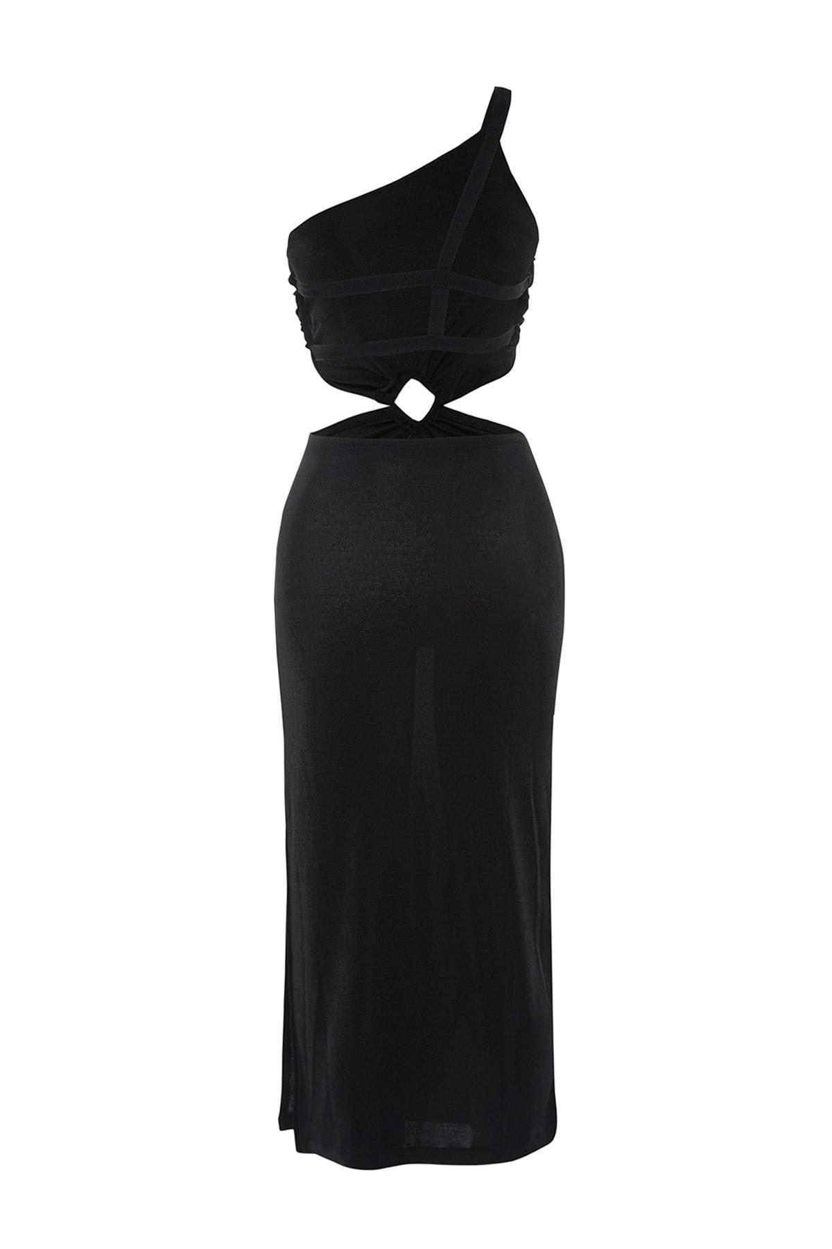 Black Asymmetrical Collar Shift Dress, Black, large image number 6