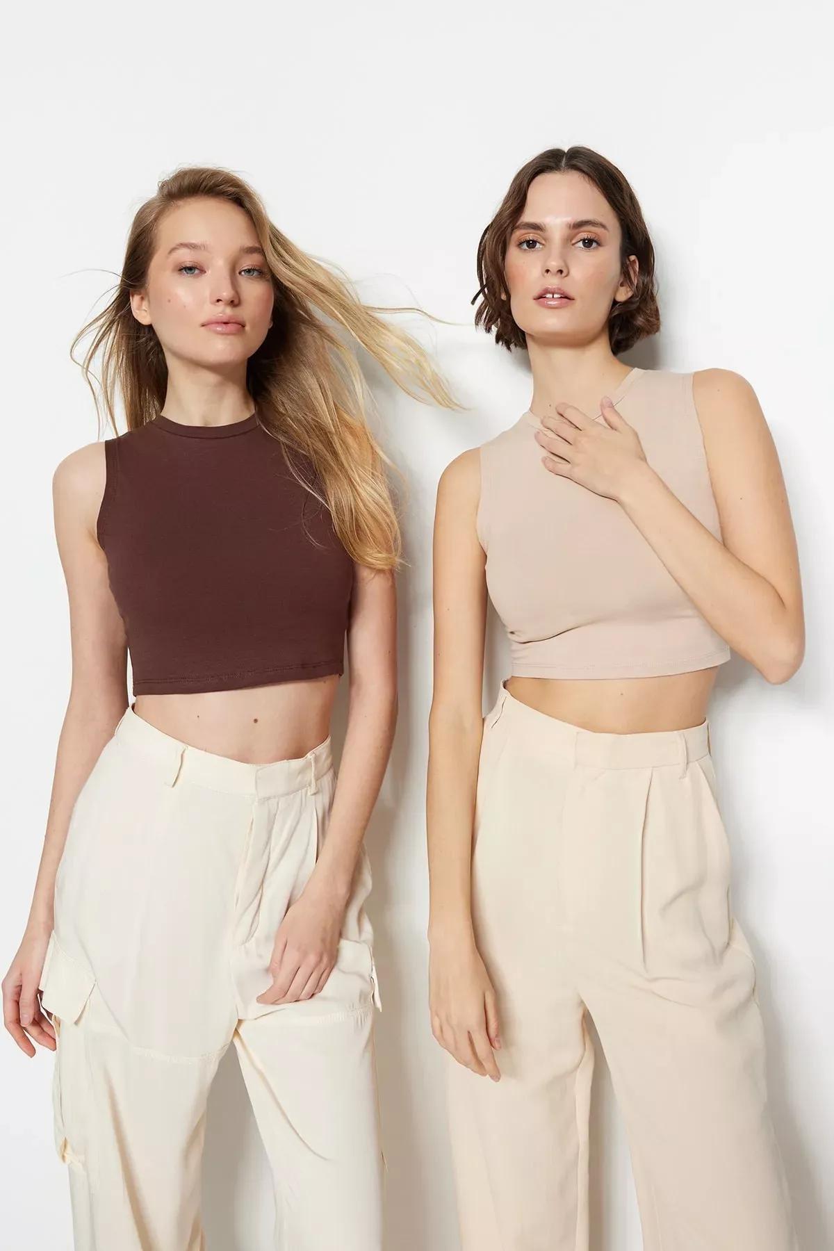 Brown Fitted Tank Top, Set Of 2, Brown, large image number 0