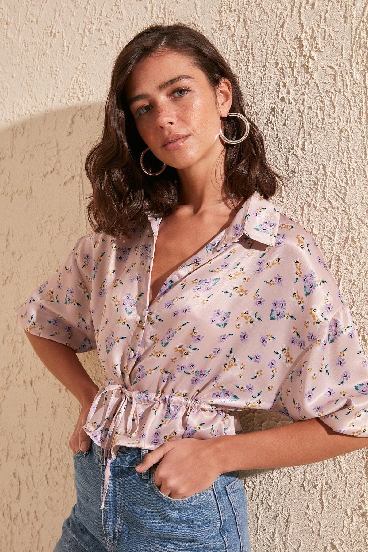 Pink Floral Collar Shirt Blouse, , medium