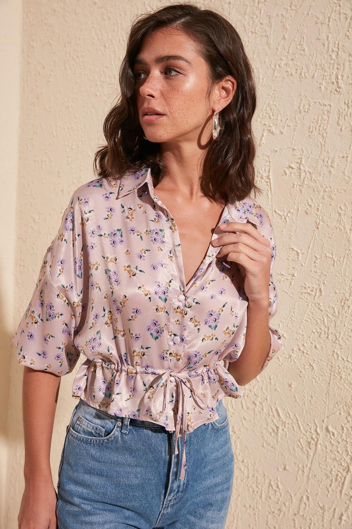 Pink Floral Collar Shirt Blouse, Pink, large image number 1