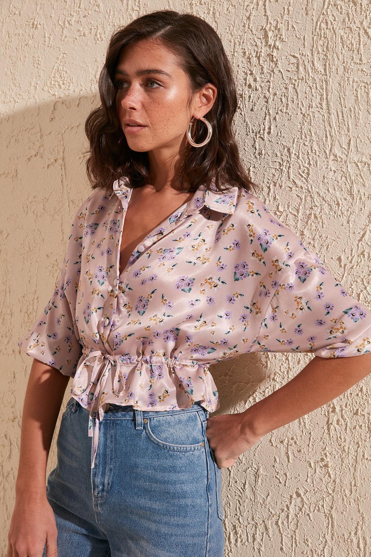 Pink Floral Collar Shirt Blouse, , large image number 2