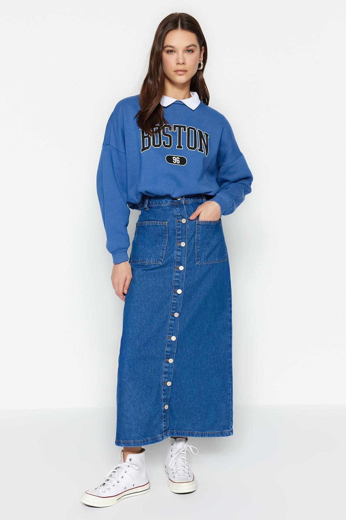 Blue Denim Maxi Skirt, , large image number 0