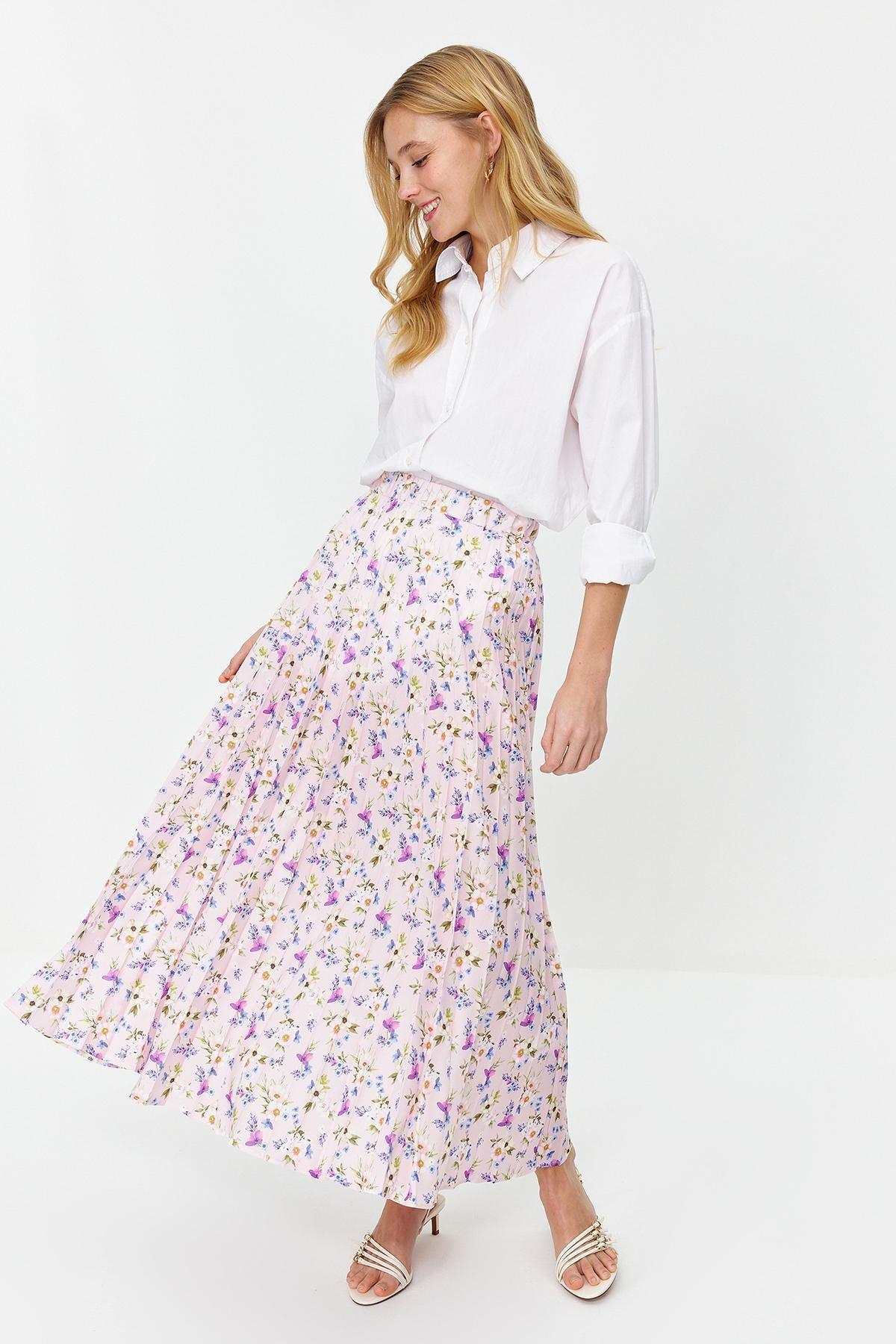 Pink Floral Pattern Pleated Woven Skirt, , medium