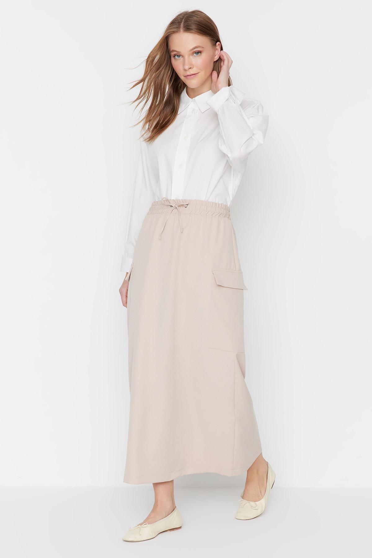 Beige High Waist Maxi Skirt, , large image number 0