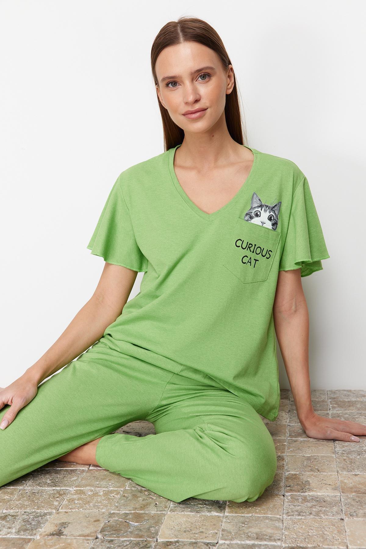 Green Printed Knitted Pajamas Set, Dark green, large image number 0