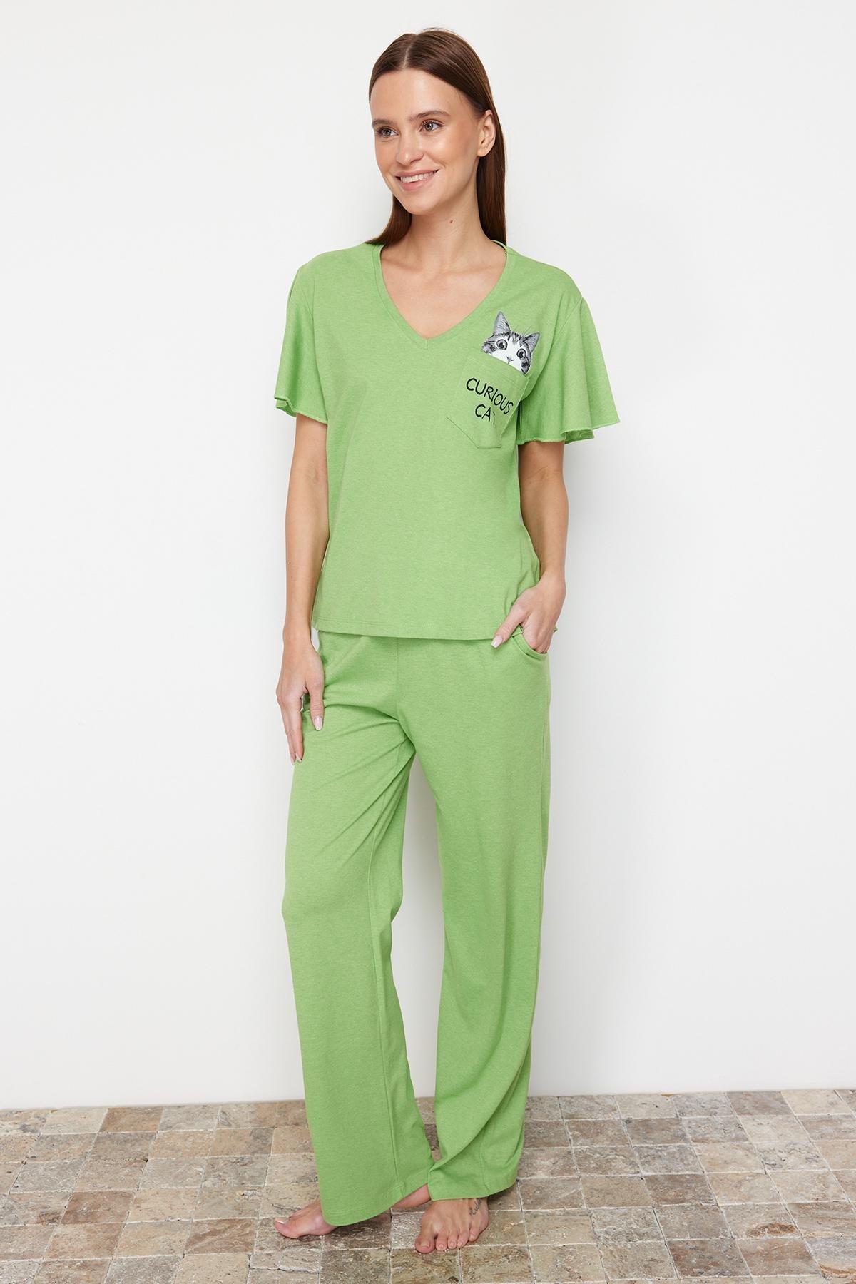 Green Printed Knitted Pajamas Set, Dark green, large image number 1