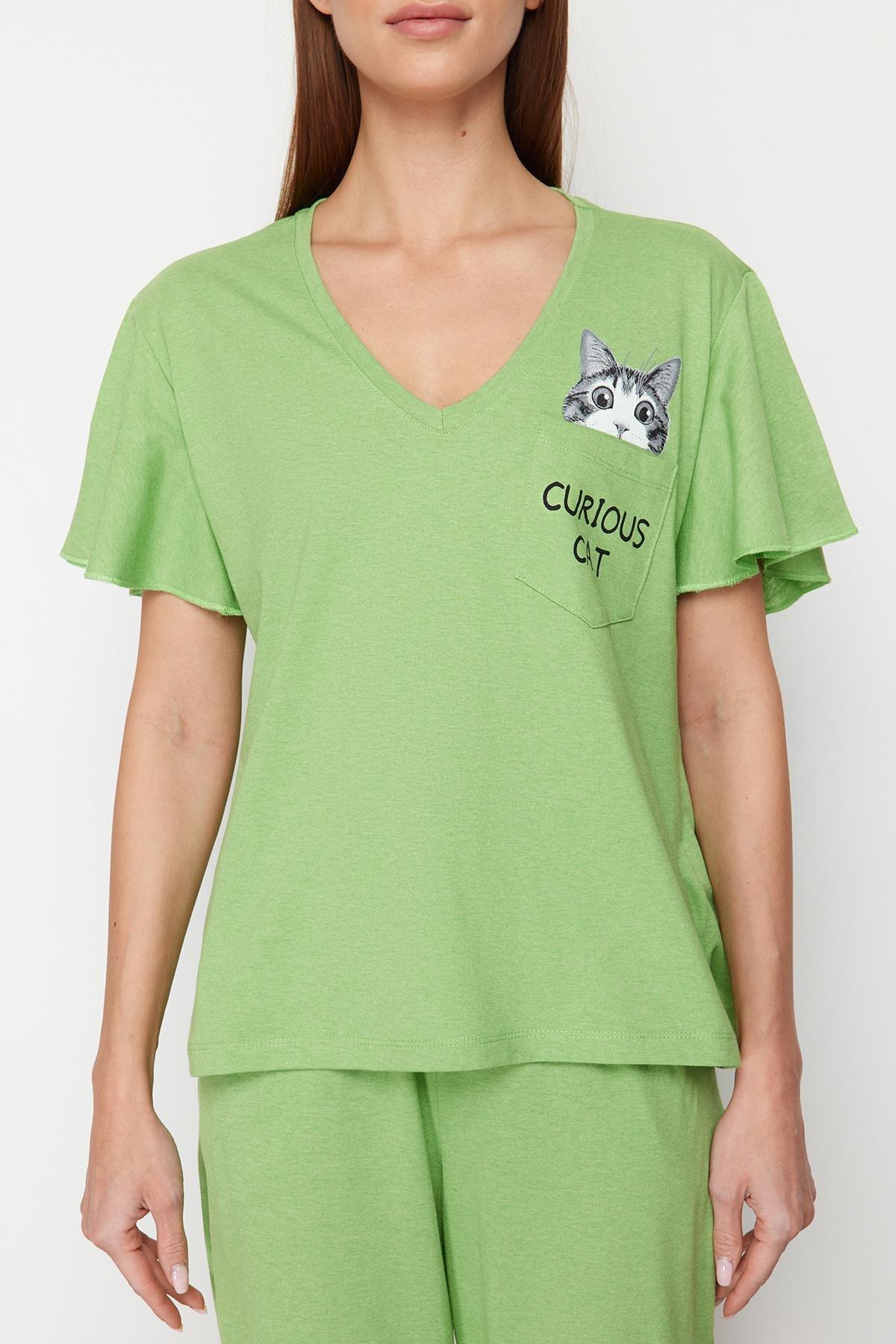 Green Printed Knitted Pajamas Set, Dark green, large image number 3