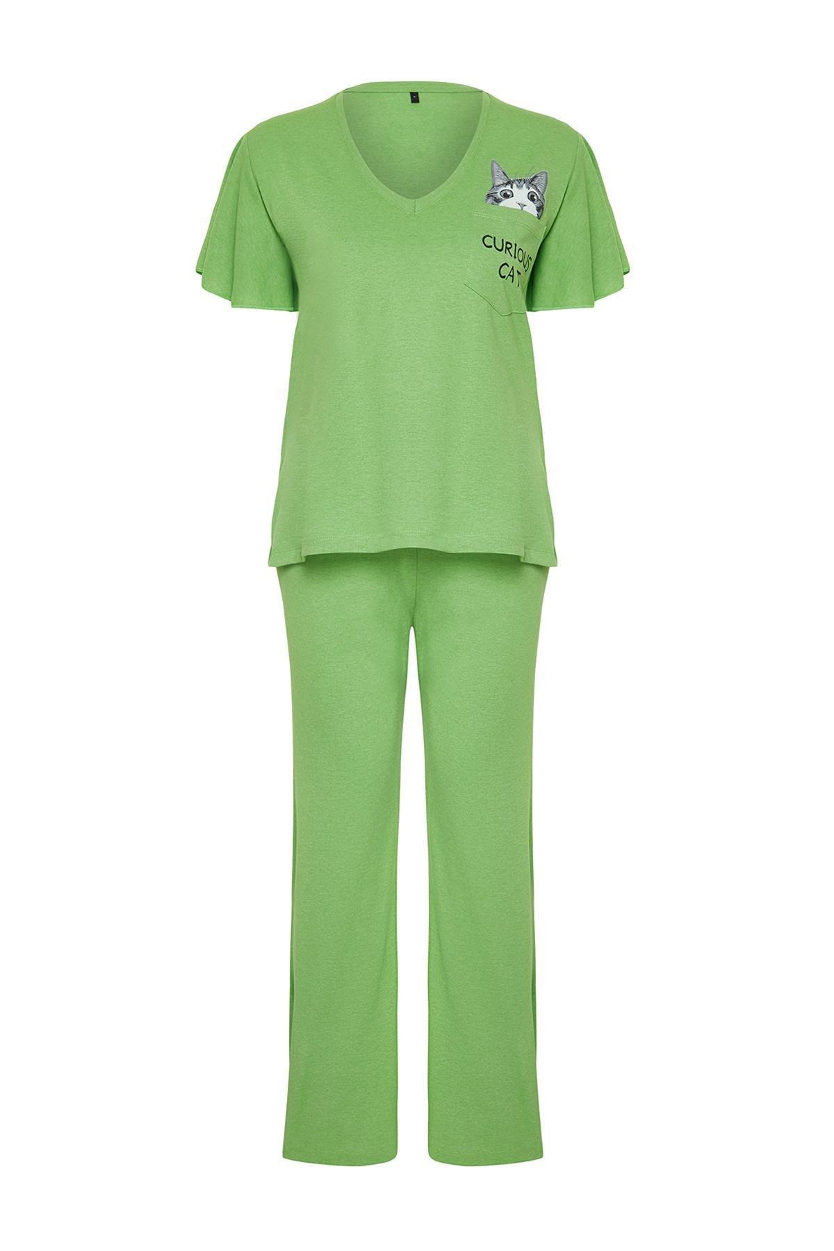 Green Printed Knitted Pajamas Set, Dark green, large image number 5