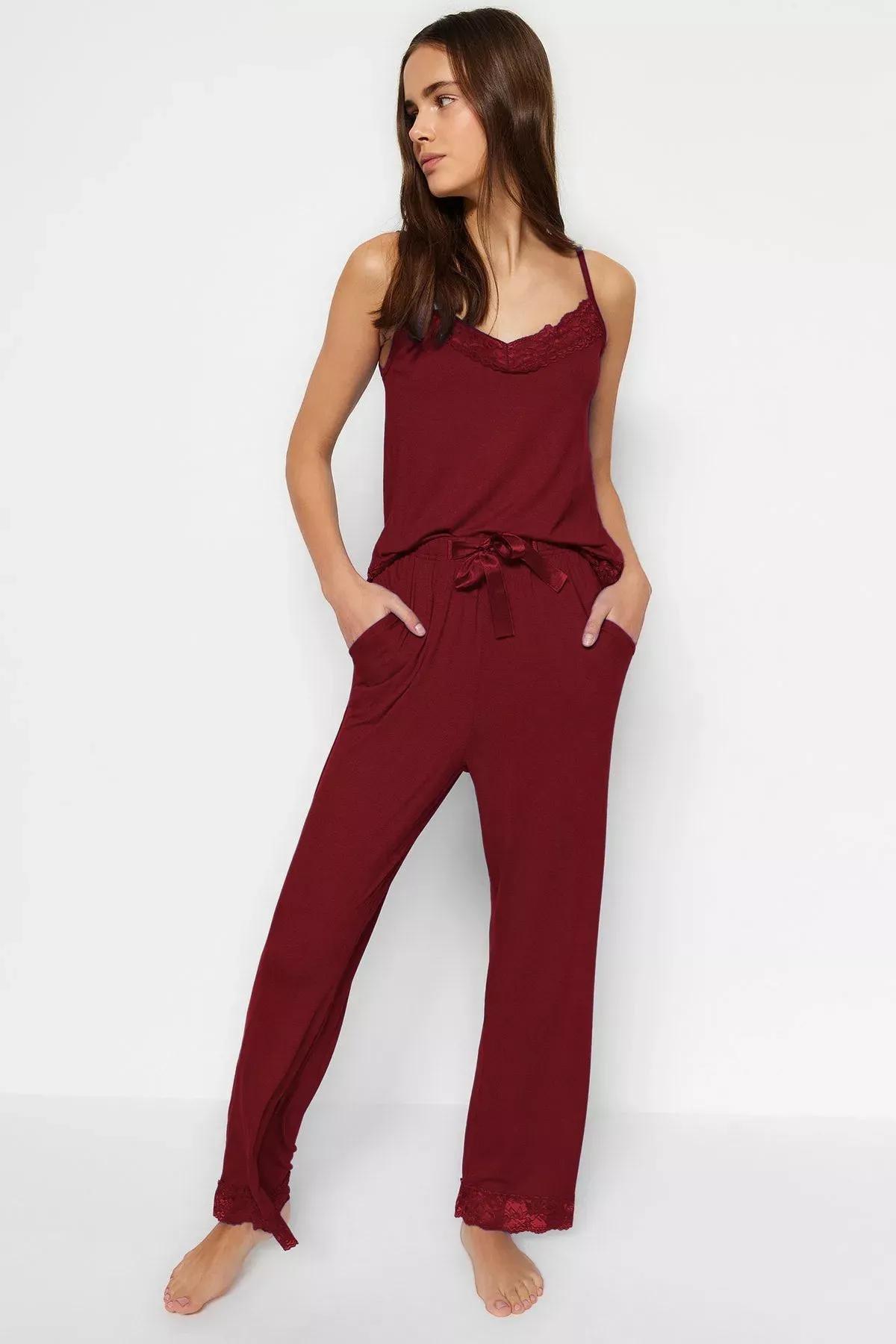Burgundy Ribbon Strap Pajama Set, , large image number 0
