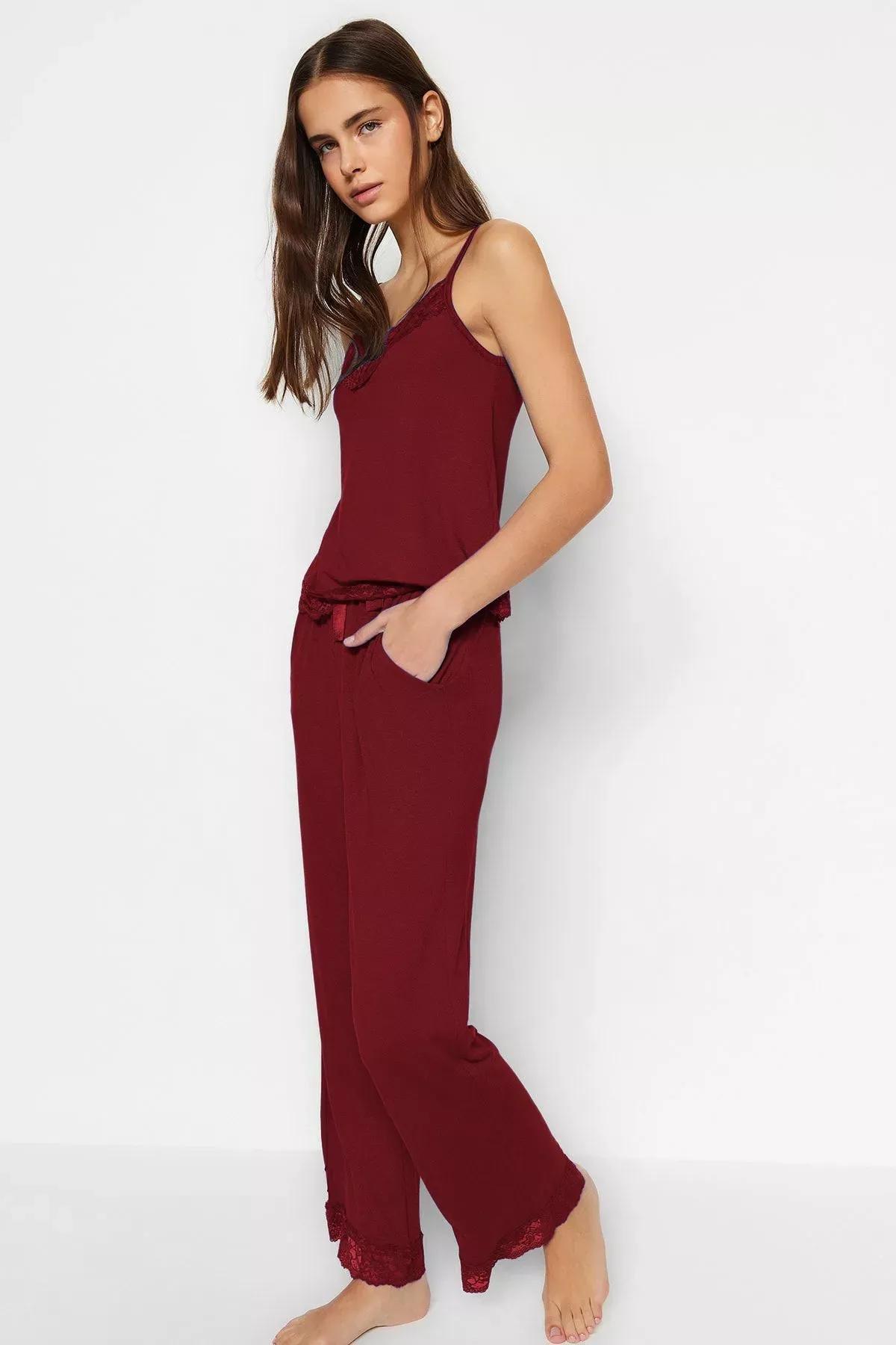Burgundy Ribbon Strap Pajama Set, , large image number 1