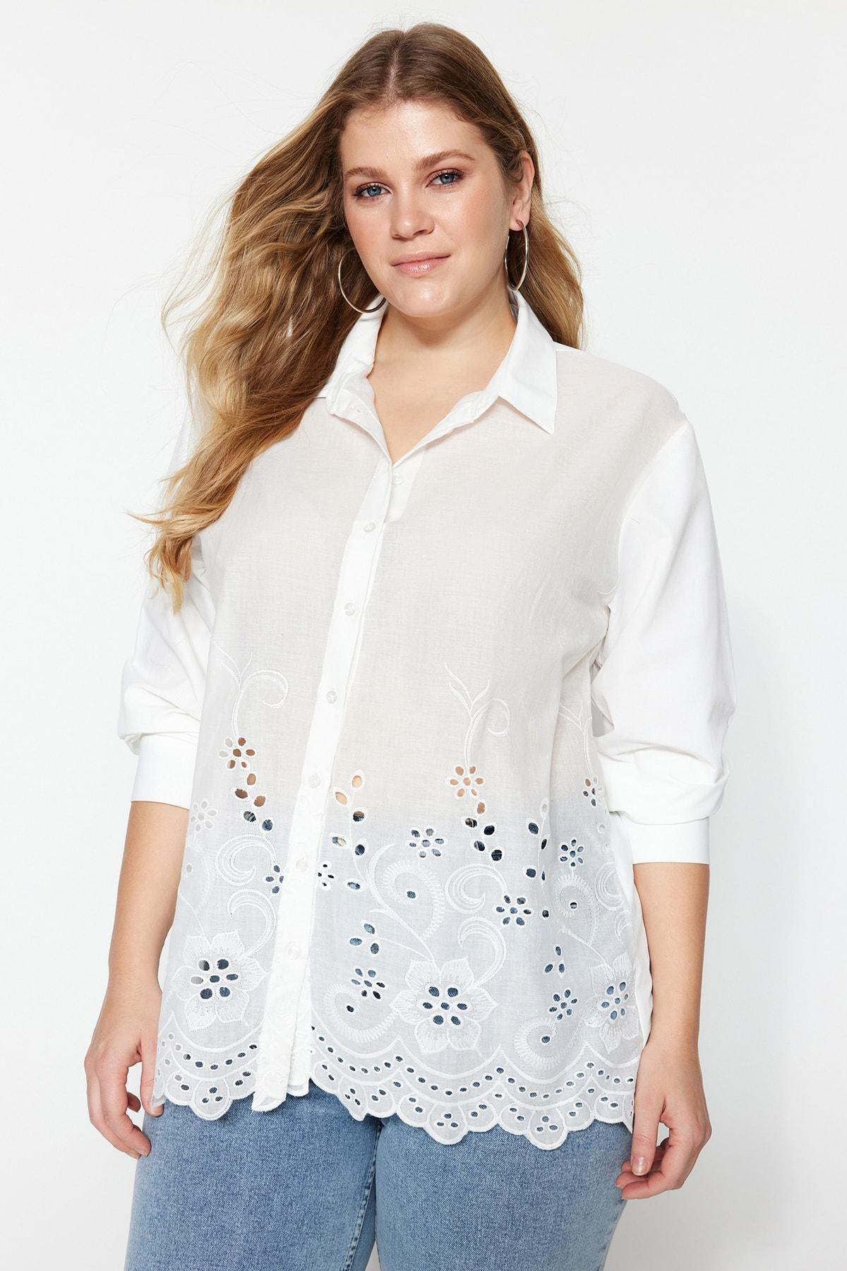 White Collared Plus Size Shirt, White, large image number 0