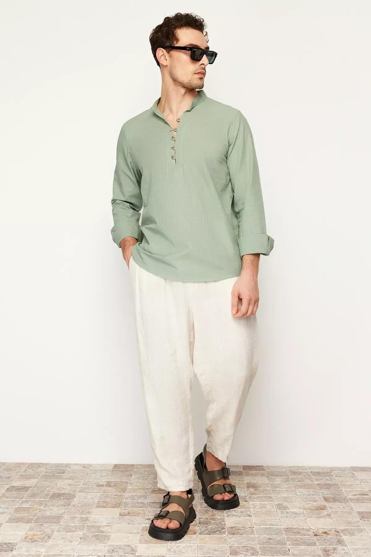 Khaki Collared Cotton Shirt, Light Khaki, medium