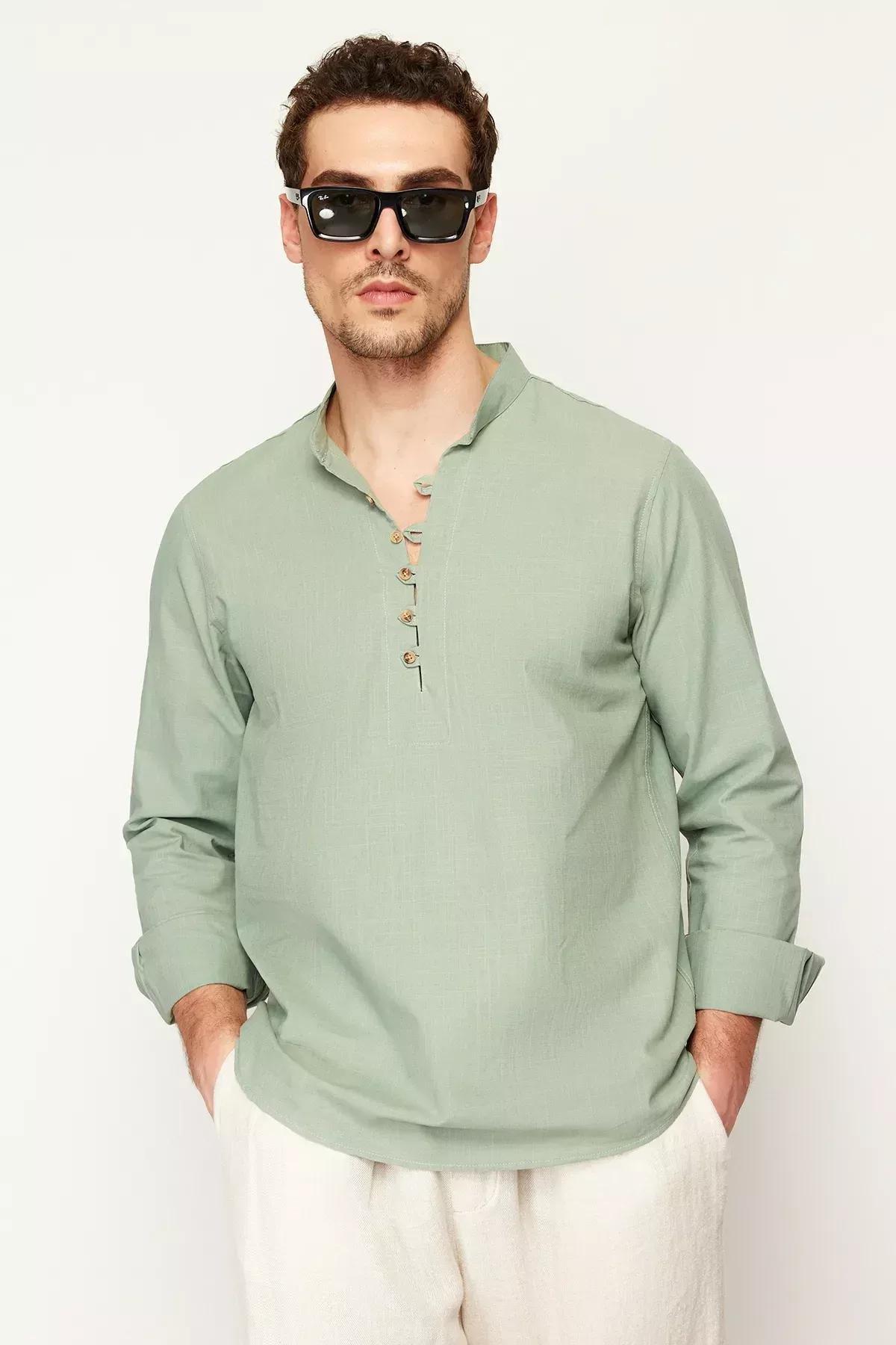 Khaki Collared Cotton Shirt, Light Khaki, large image number 3