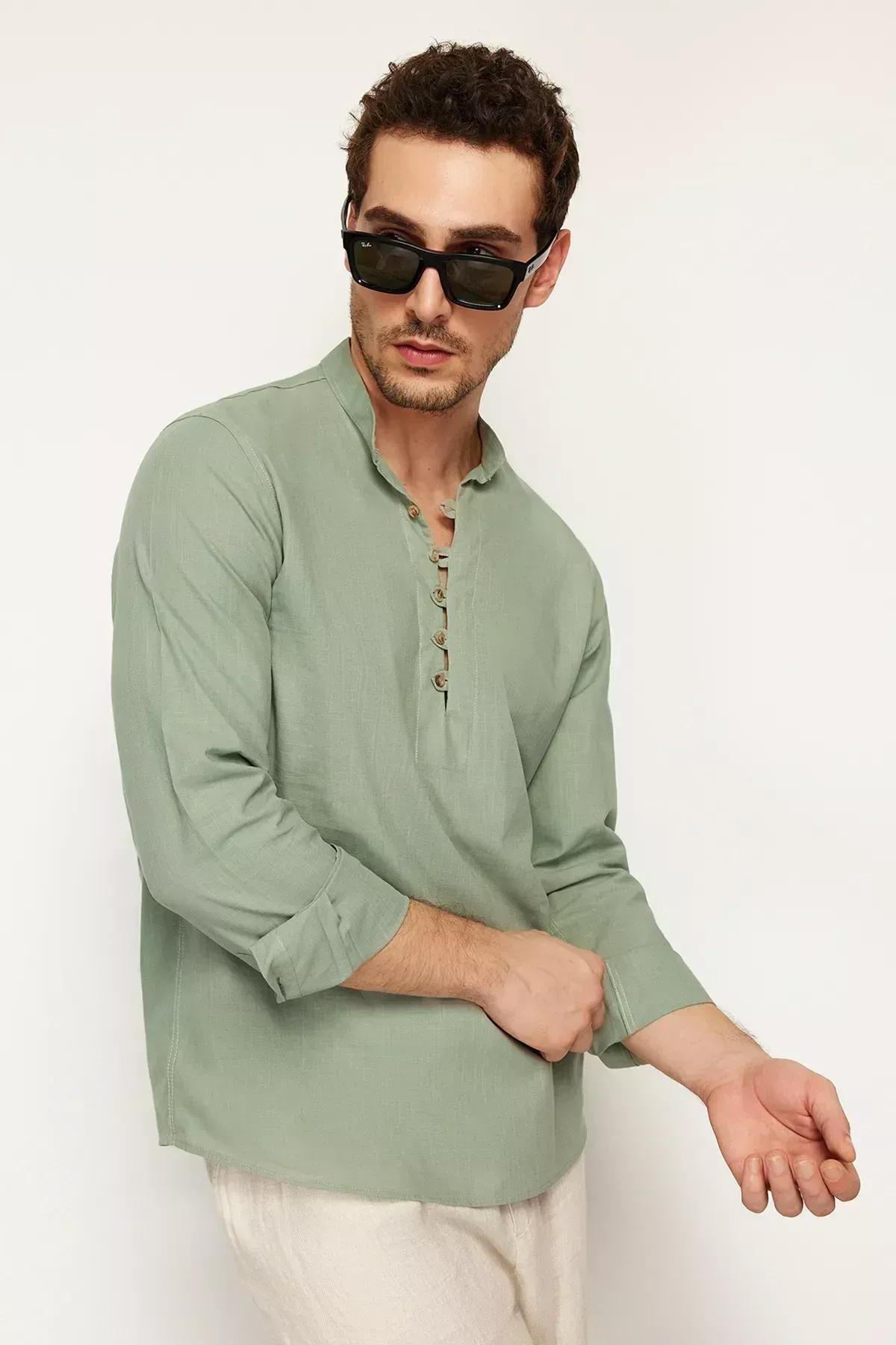 Khaki Collared Cotton Shirt, Light Khaki, large image number 4