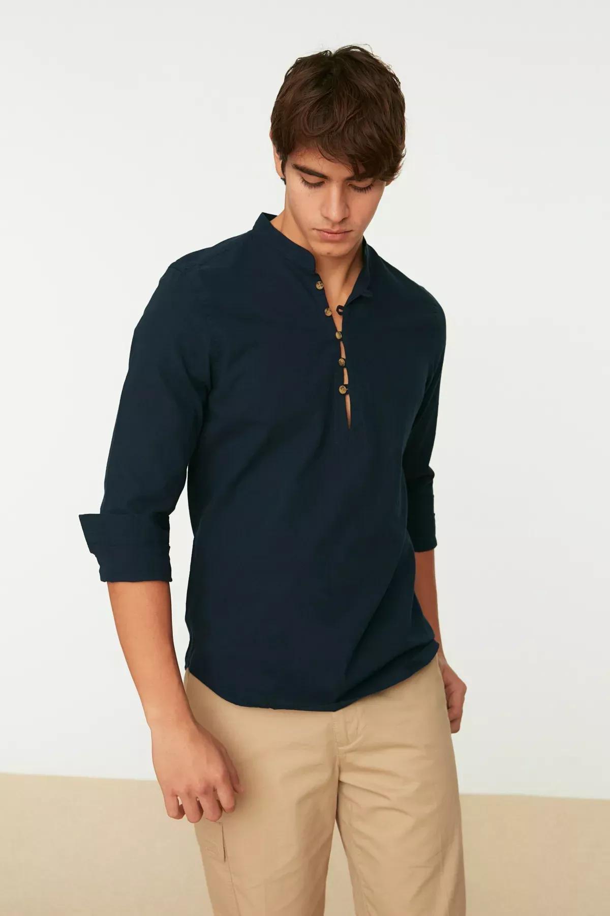 Blue Fitted Shirt, Dark blue, large image number 1