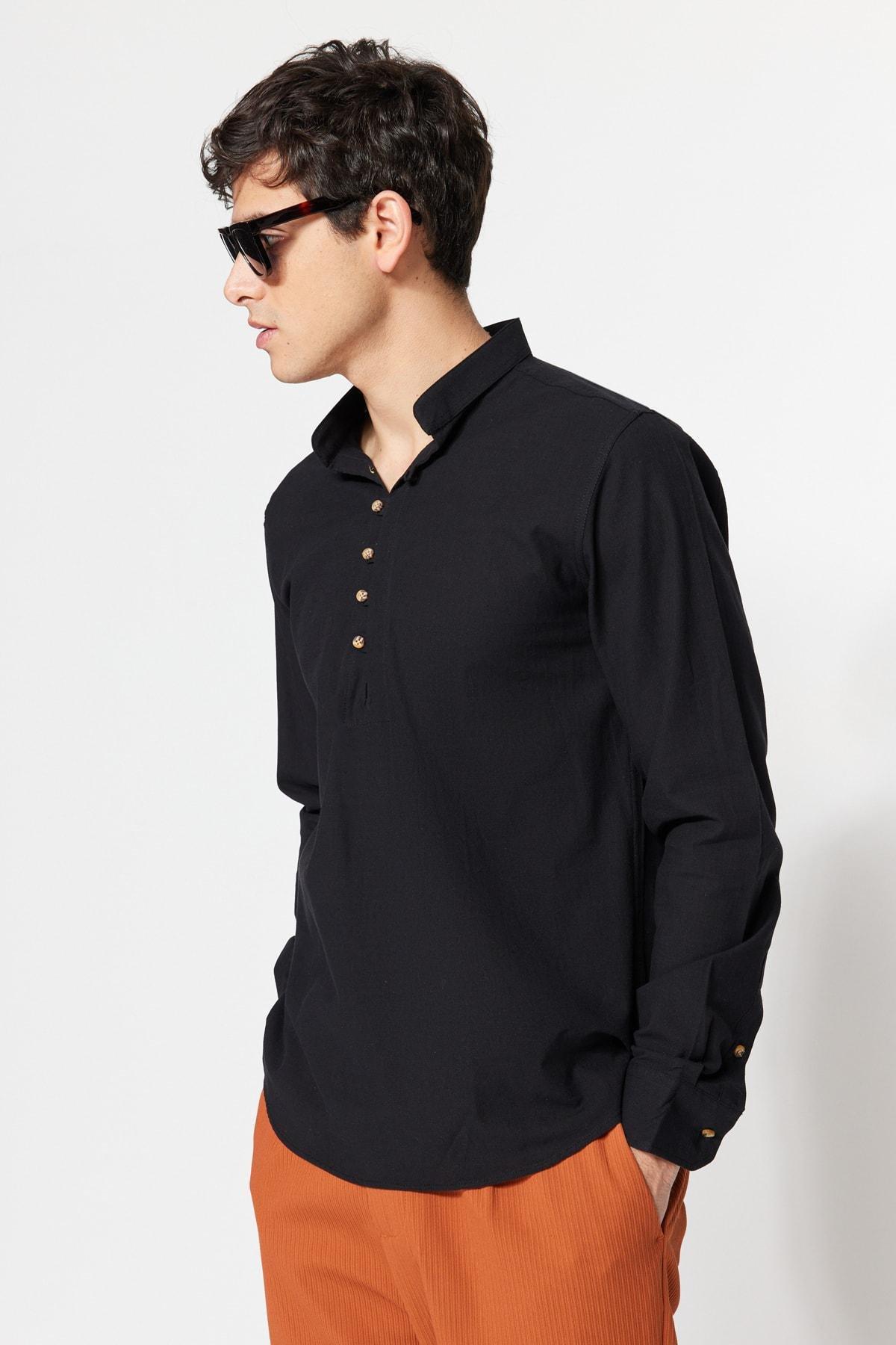 Black Cotton Mandarin Collar Shirt, , large image number 0